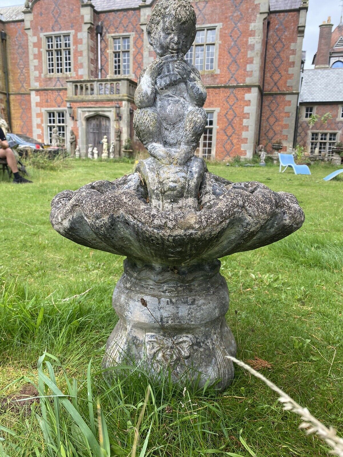 Mythological Water Feature Centrepiece Of Faun Boy Sat Upon Scalloped Bowl photo for sale