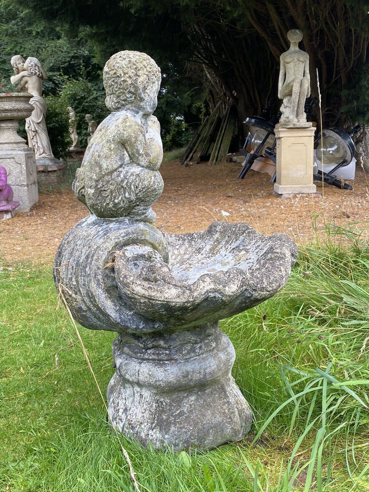 Mythological Water Feature Centrepiece Of Faun Boy Sat Upon Scalloped Bowl photo vinterior