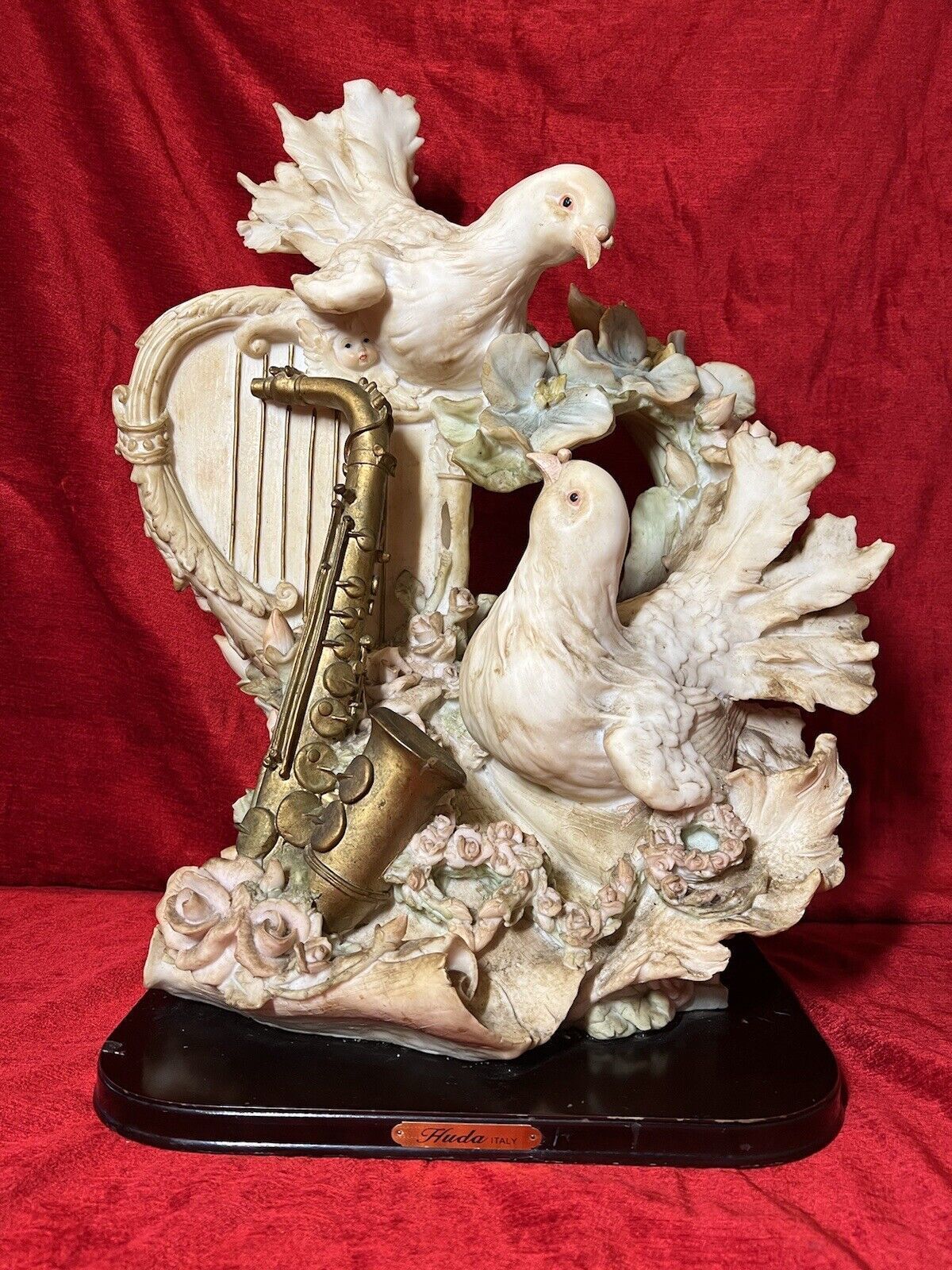 Large Italianate Romantic Turtle Doves Musical Showpiece On Wood Plinth Signed photo furniture