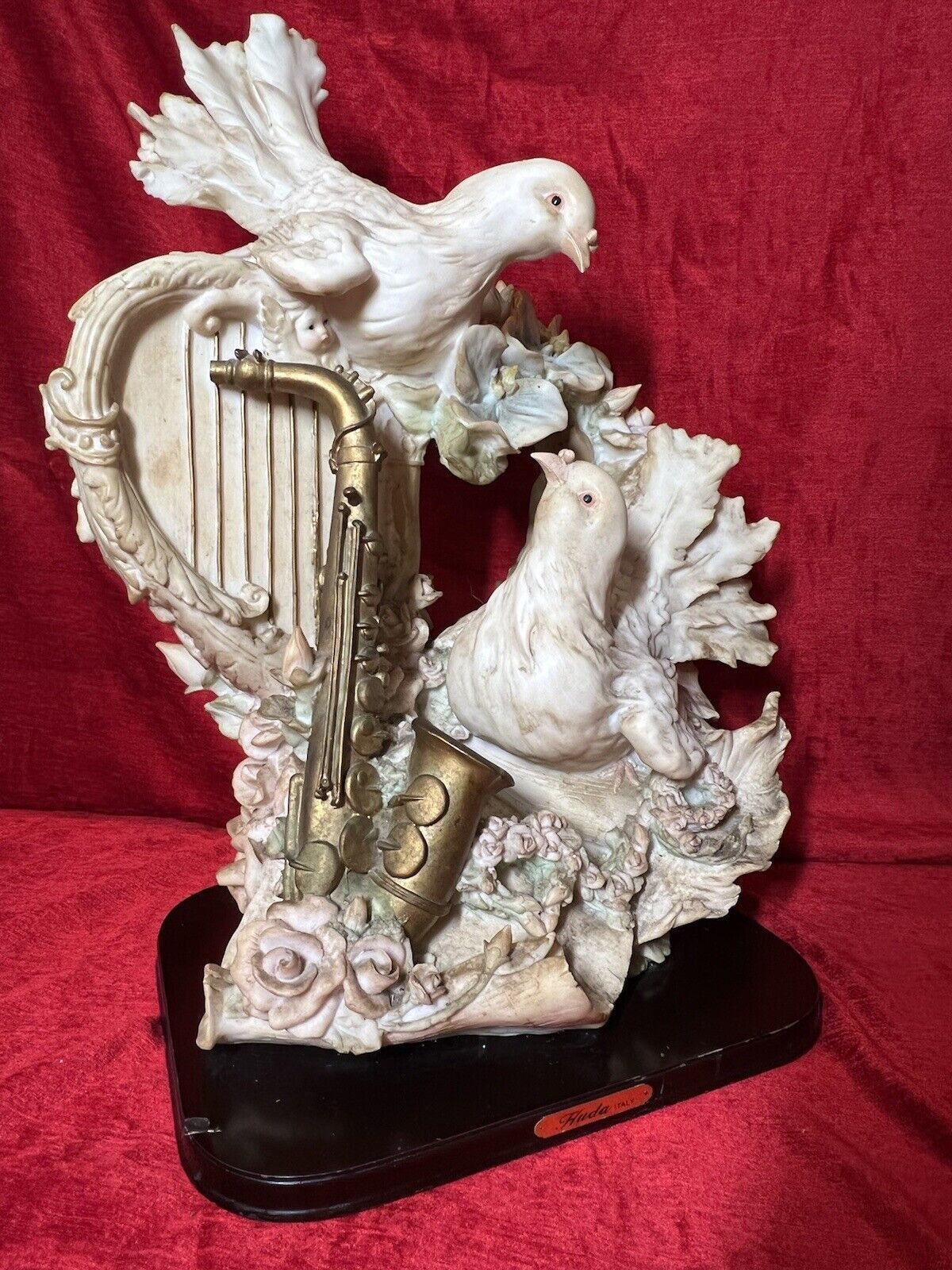 Large Italianate Romantic Turtle Doves Musical Showpiece On Wood Plinth Signed photo vintage