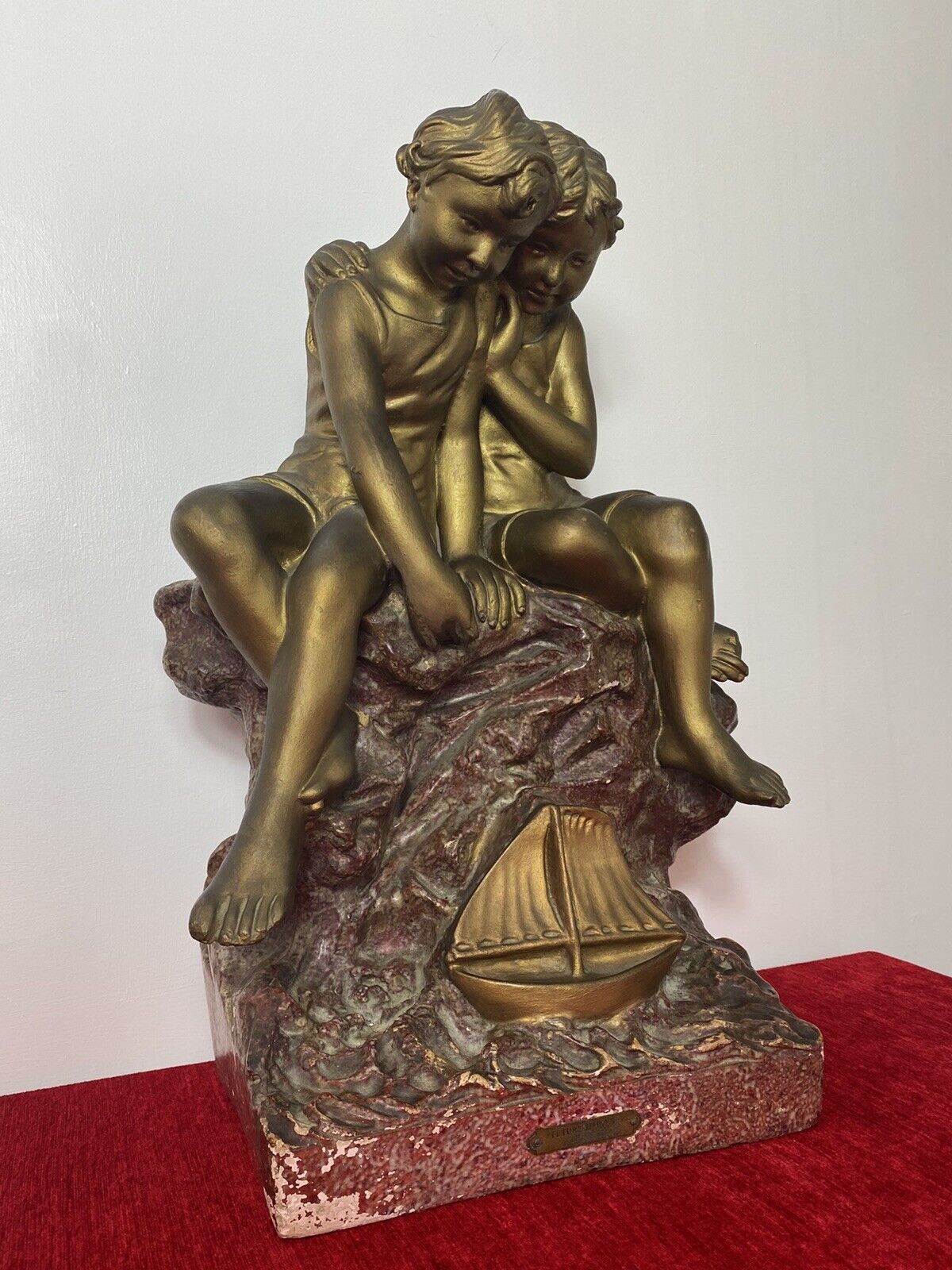 French Art Nouveau Gilt Children Upon Rock With Sailboat Rouge Marbled Sculpture photo furniture