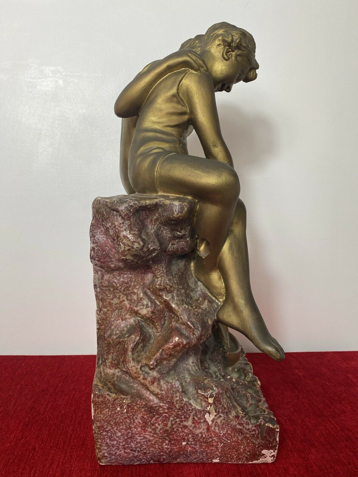 French Art Nouveau Gilt Children Upon Rock With Sailboat Rouge Marbled Sculpture photo vintage