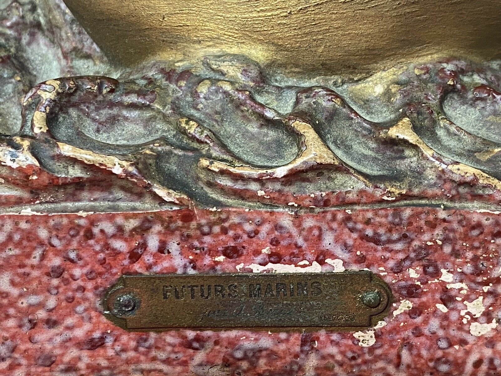 Art French Art Nouveau Gilt Children Upon Rock With Sailboat Rouge Marbled Sculpture photo