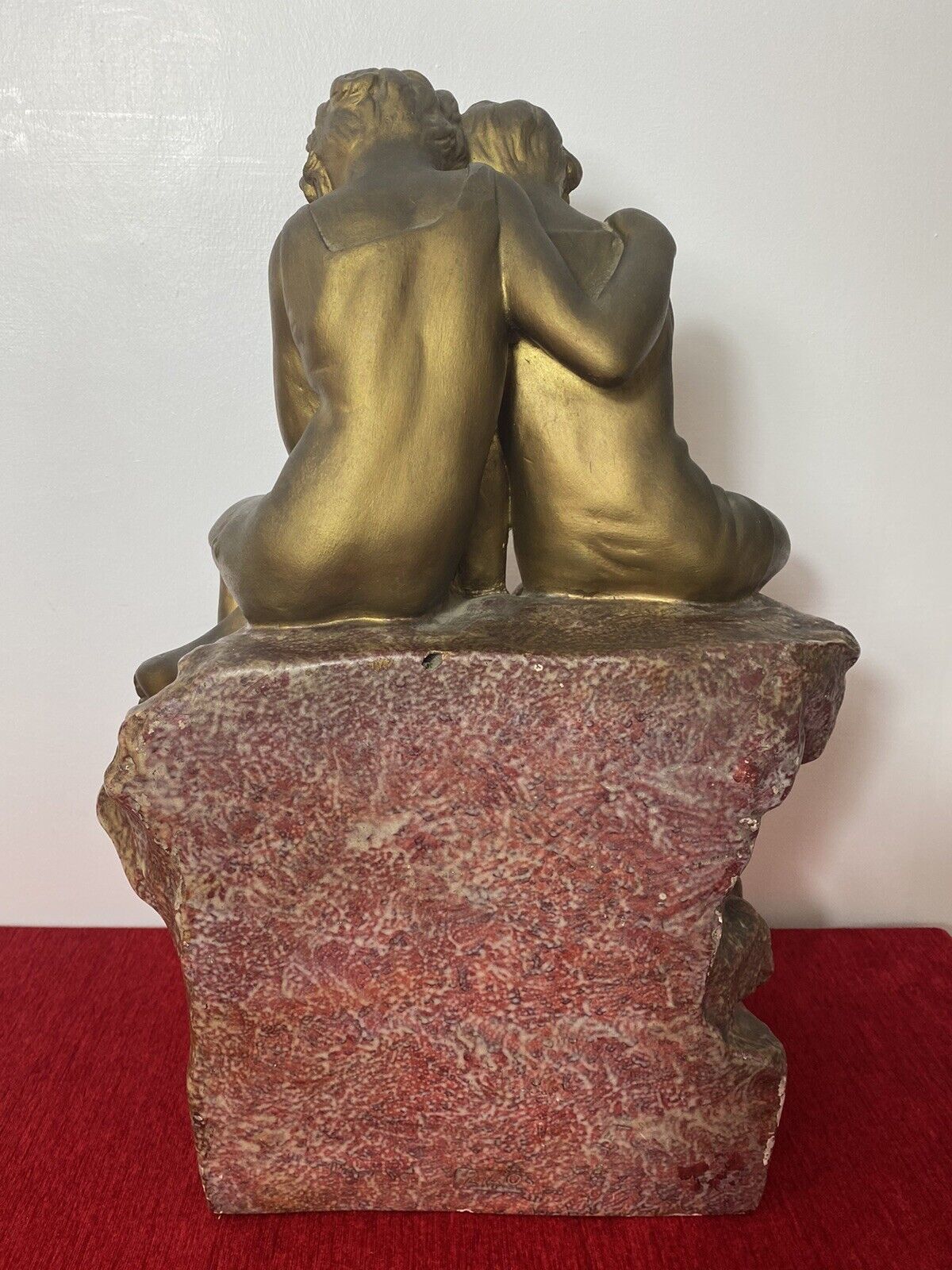 495.0 French Art Nouveau Gilt Children Upon Rock With Sailboat Rouge Marbled Sculpture photo
