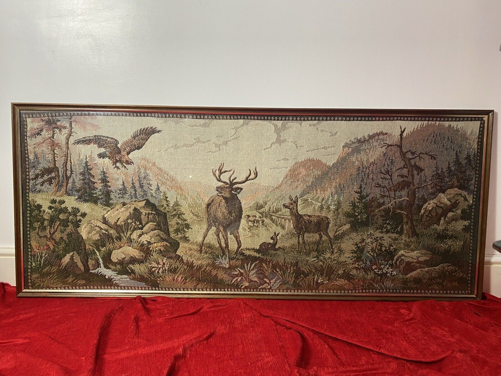 Large Canadian Tapestry Artwork Of Stag And Hind In Rockies Landscape photo for sale