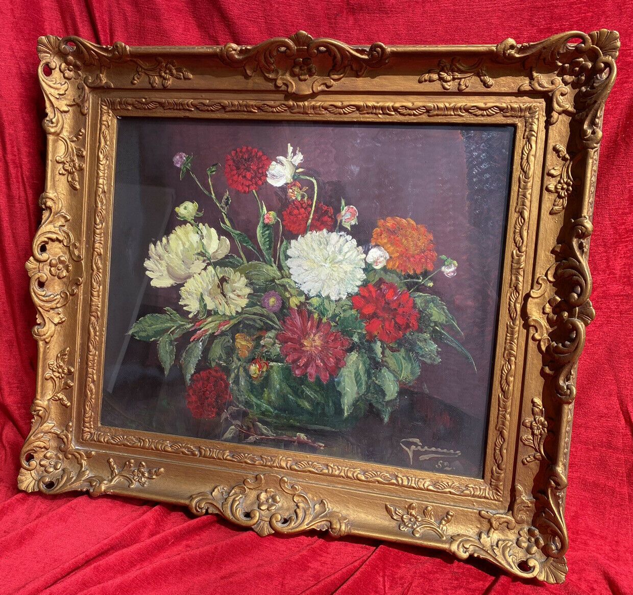 Beautiful Fine Art Chrysanthemum Still Life Oil Painting In Gilt Frame Signed photo for sale