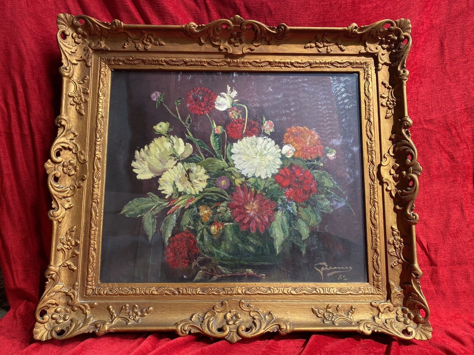 Beautiful Fine Art Chrysanthemum Still Life Oil Painting In Gilt Frame Signed photo 475.0