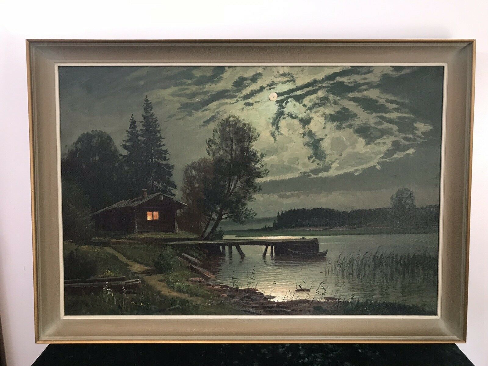 Fine Art Swedish Oil On Canvas Landscape Moonlight On The River Signed By Artist photo furniture