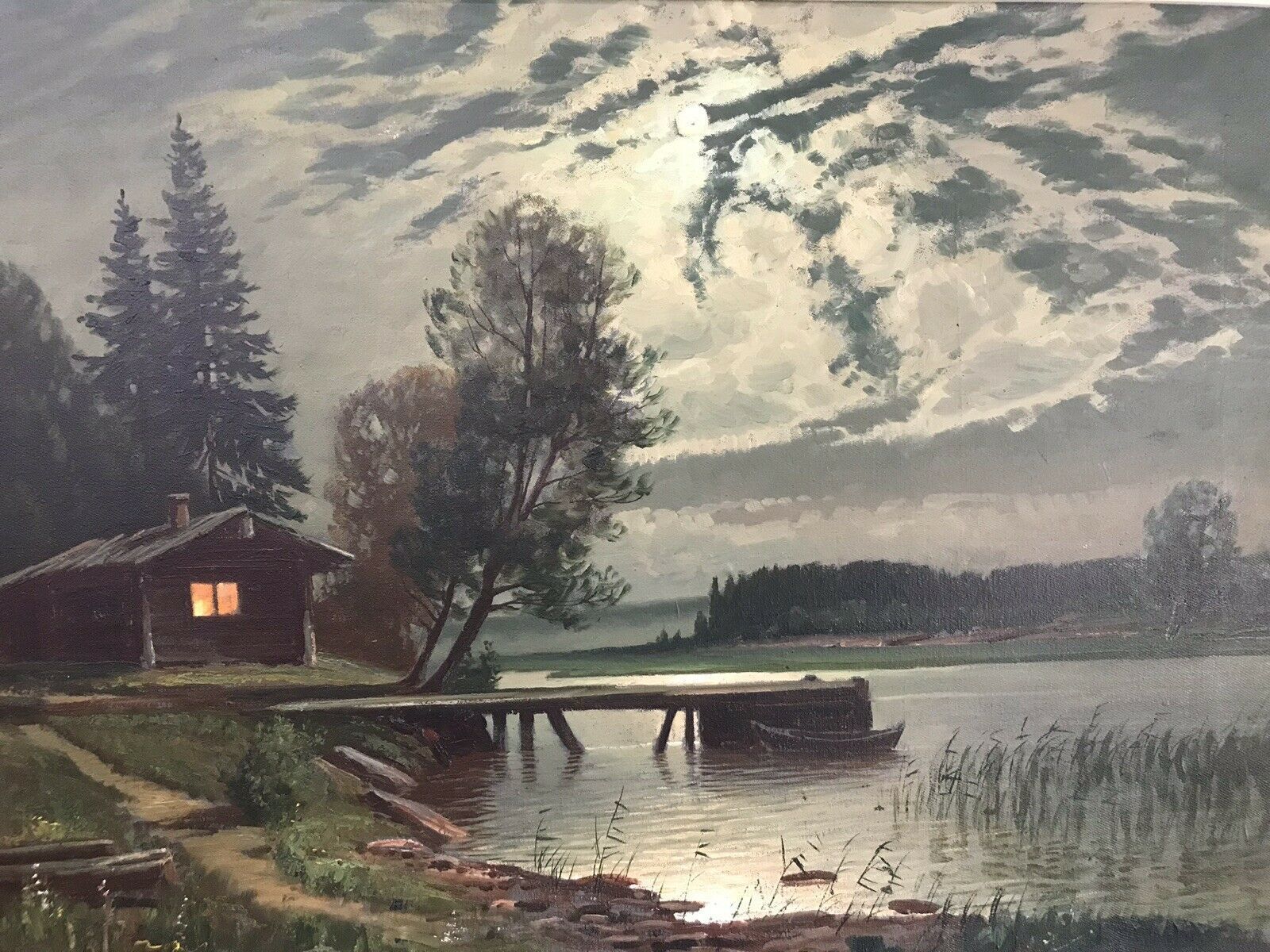 photo furniture Fine Art Swedish Oil On Canvas Landscape Moonlight On The River Signed By Artist