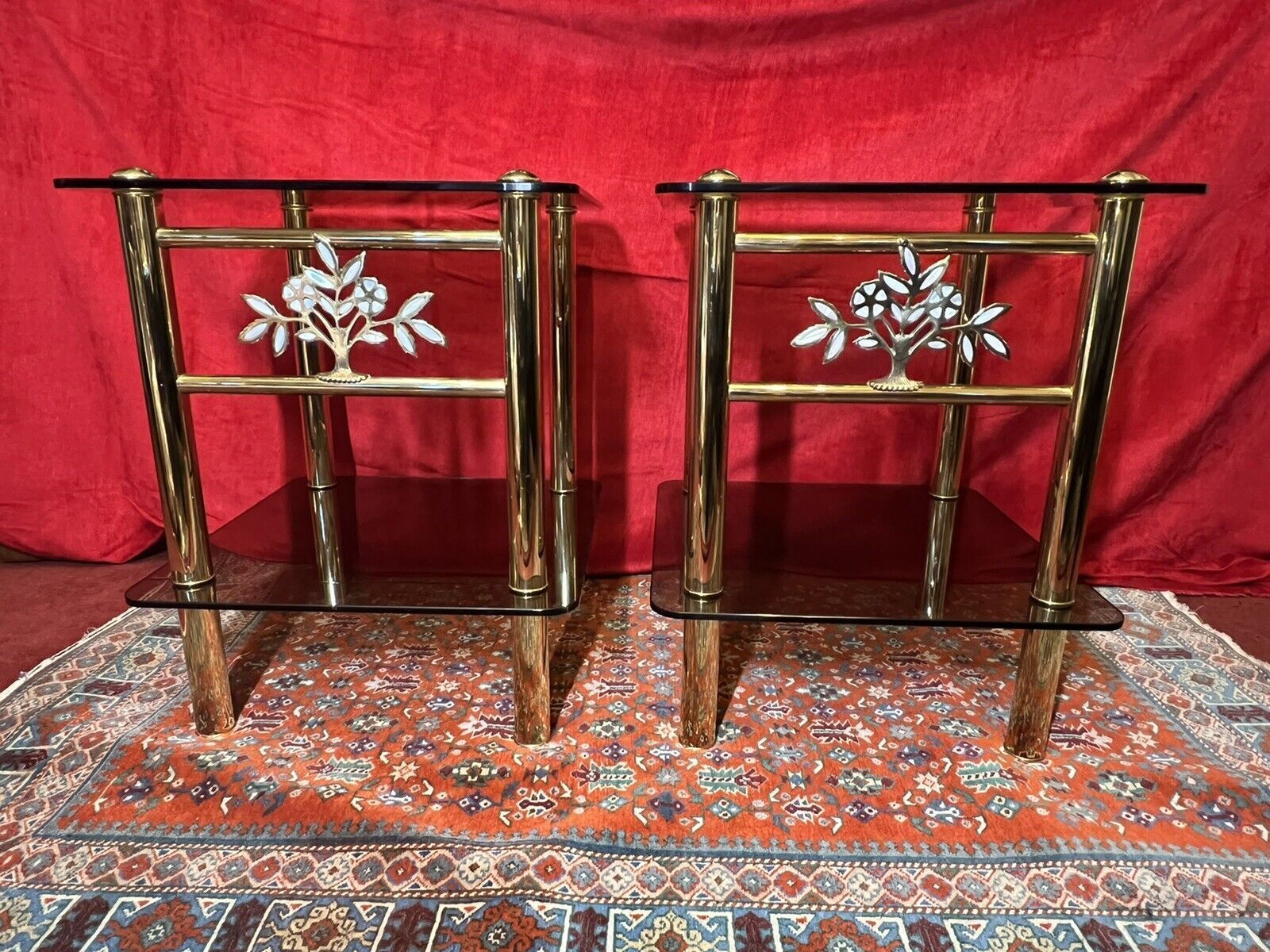 Pair Of Italian Designer Brass Maritime Side Tables With Pearl Inlaid Bouquets photo for sale