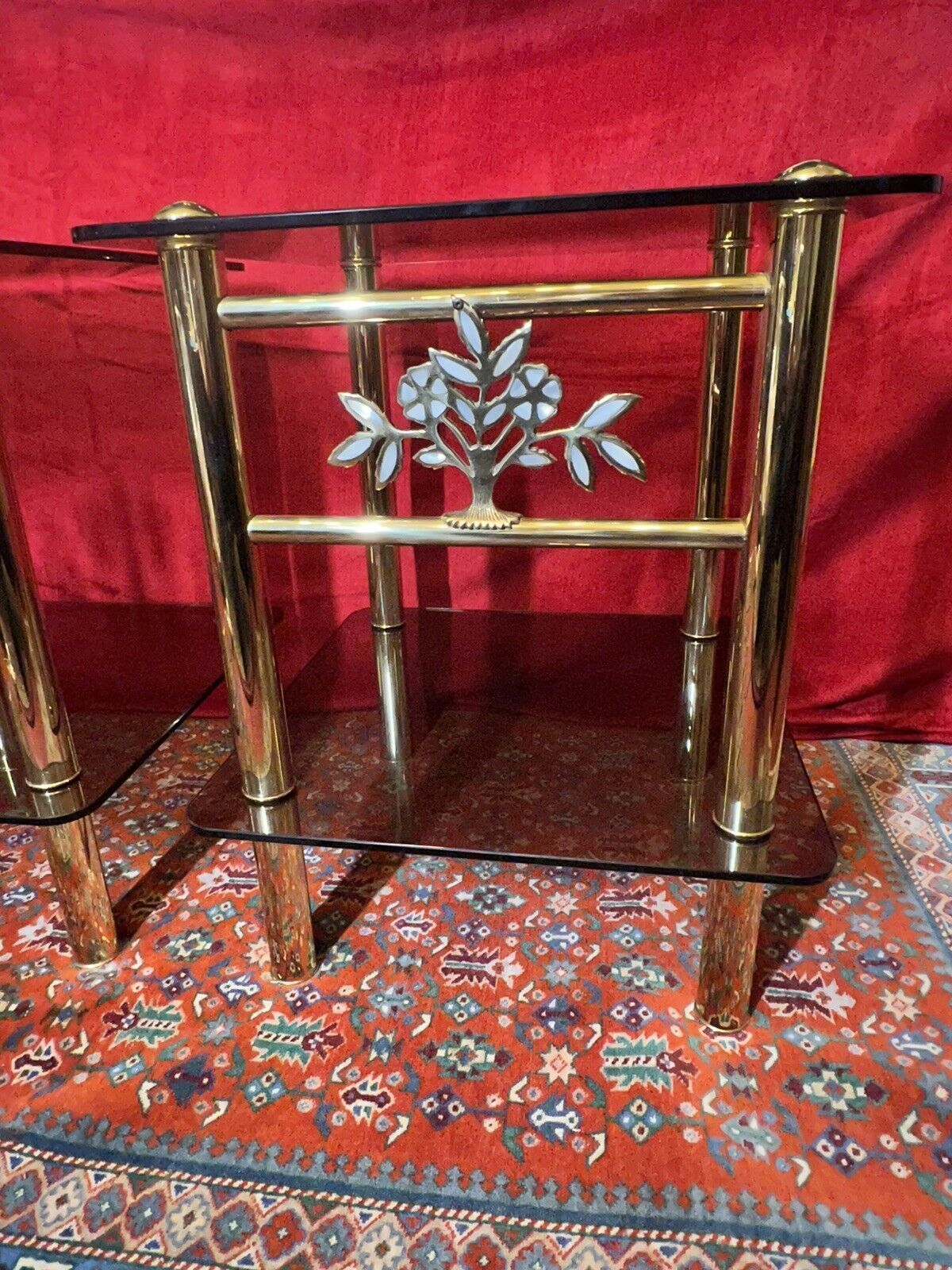 Pair Of Italian Designer Brass Maritime Side Tables With Pearl Inlaid Bouquets photo vinterior
