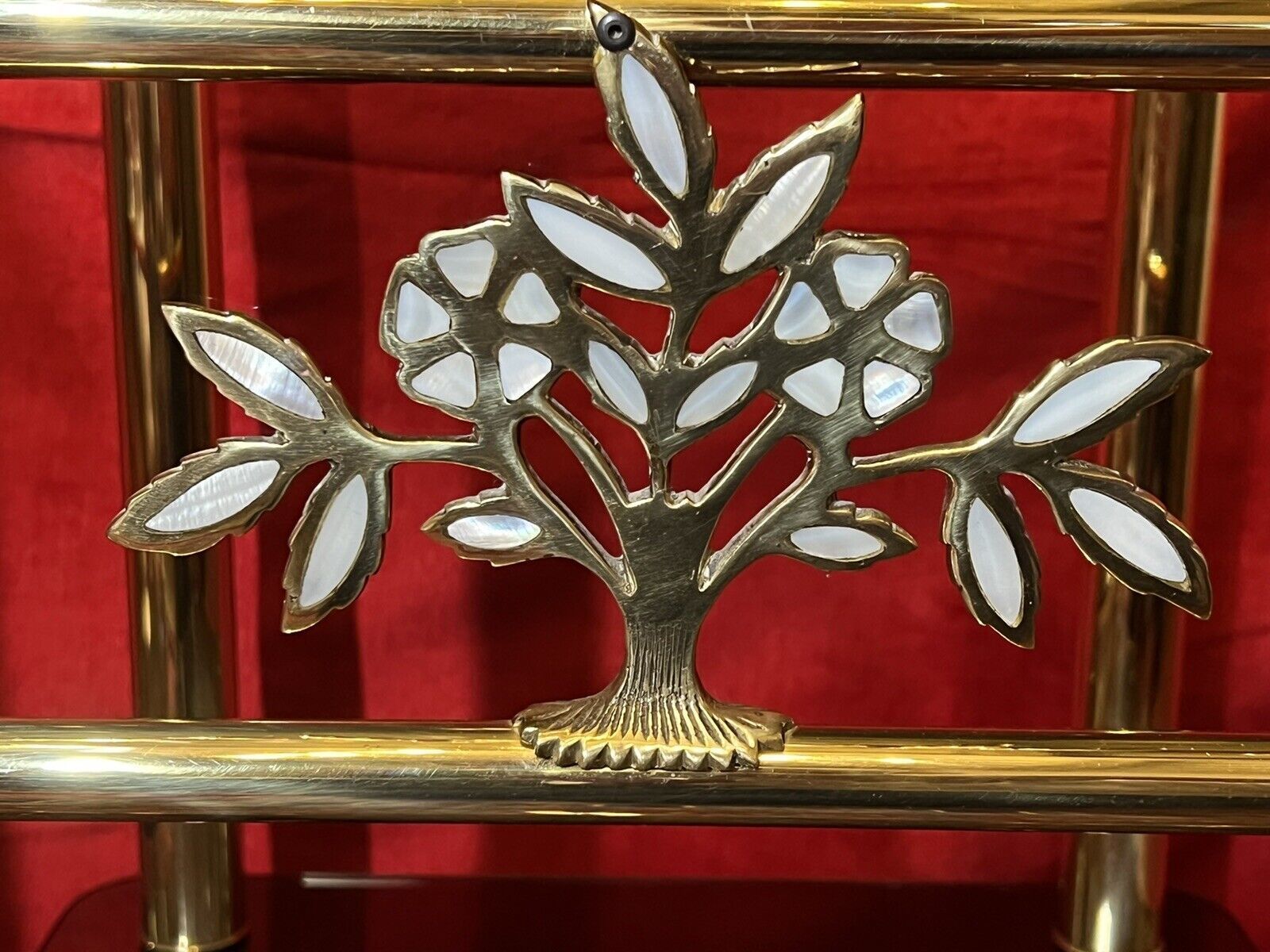 Pair Of Italian Designer Brass Maritime Side Tables With Pearl Inlaid Bouquets photo buy