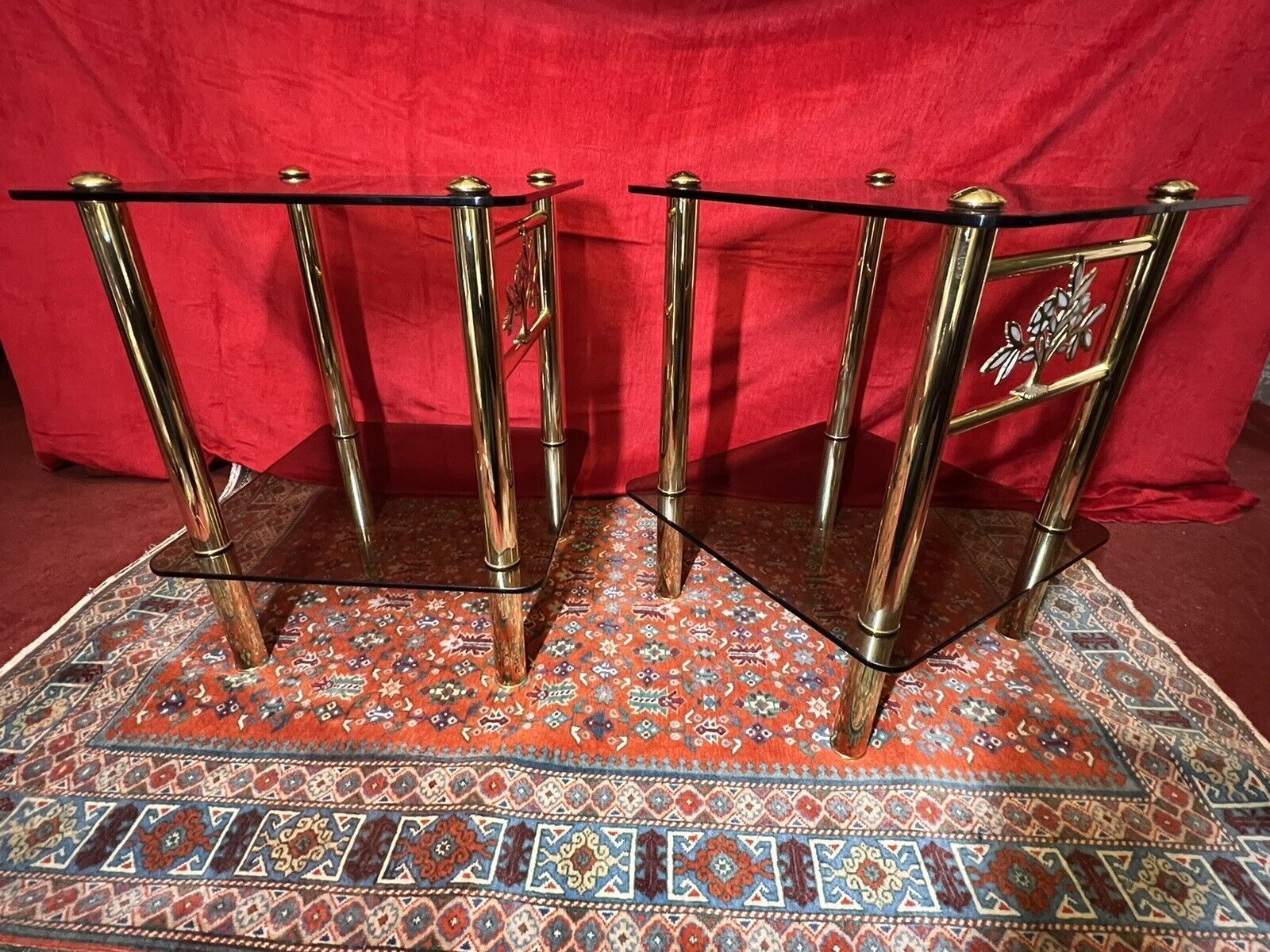 Furniture Pair Of Italian Designer Brass Maritime Side Tables With Pearl Inlaid Bouquets photo