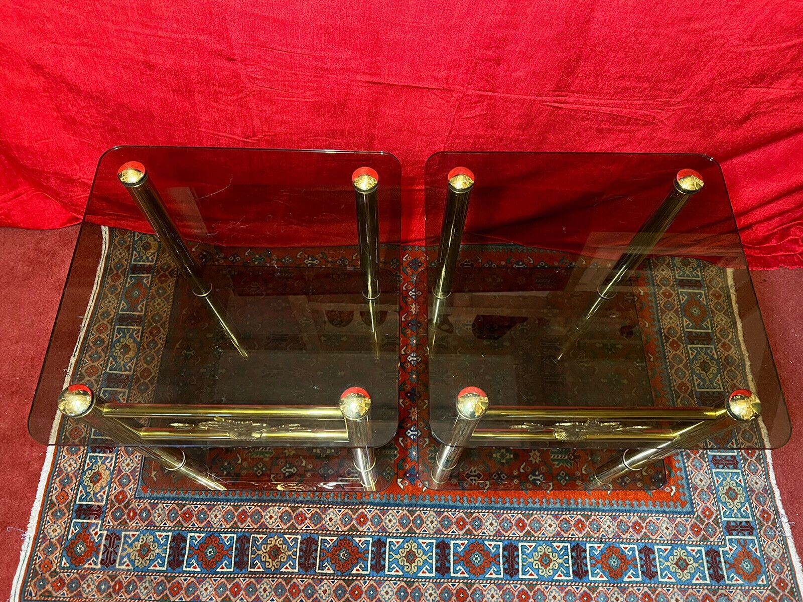 575.0 Pair Of Italian Designer Brass Maritime Side Tables With Pearl Inlaid Bouquets photo