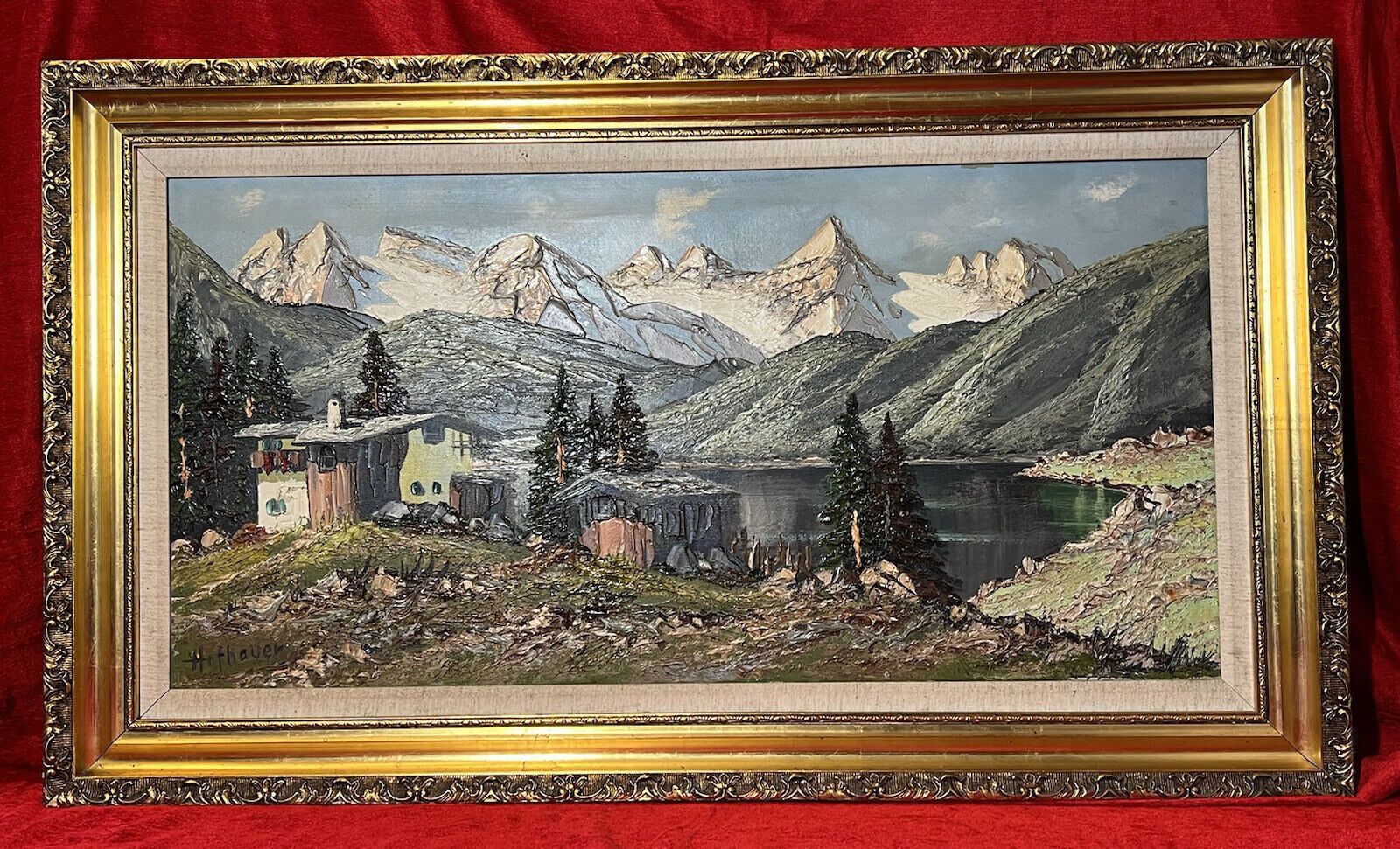 Large Mid Century German Impressionistic Landscape Oil Painting Signed Hofbauer photo furniture