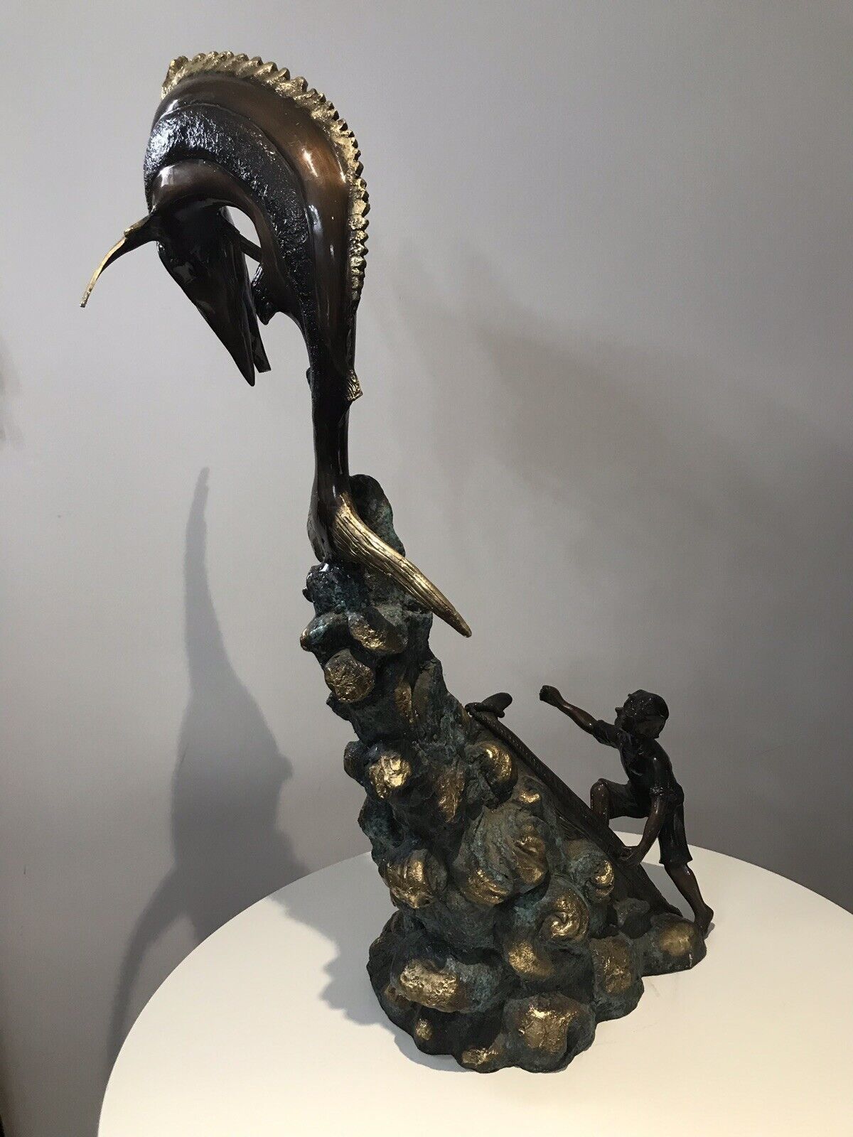 Vintage 20th Century Quality Bronze Statue Merlin Fish & Fishing Boat Capsized photo vintage
