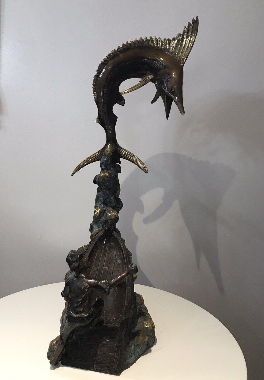 photo furniture Vintage 20th Century Quality Bronze Statue Merlin Fish & Fishing Boat Capsized