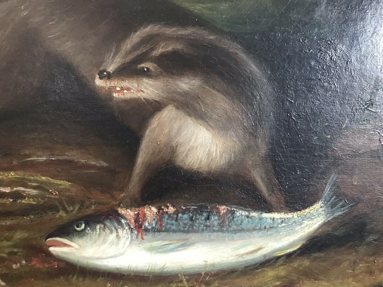 photo for sale Fine Oil On Canvas Painting Otter Eating A Fish On The Bank Of Loch Lomond