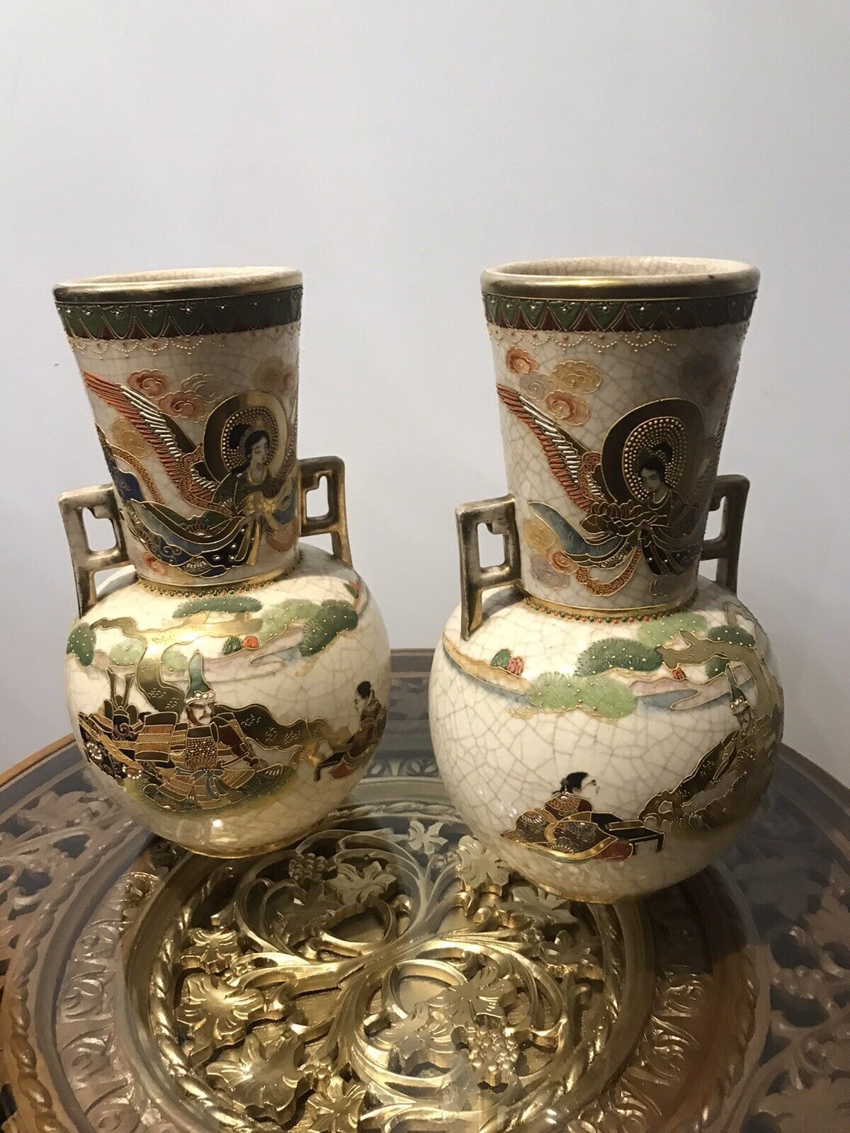 Antique Pair Of Japanese 19th Century Cracked Glaze Arch Angel Satsuma Vases photo furniture