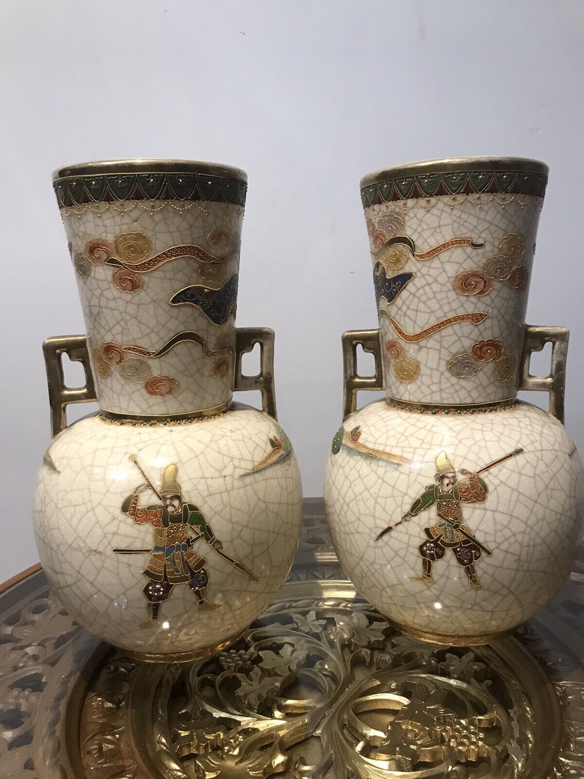 Antique Pair Of Japanese 19th Century Cracked Glaze Arch Angel Satsuma Vases photo vinterior