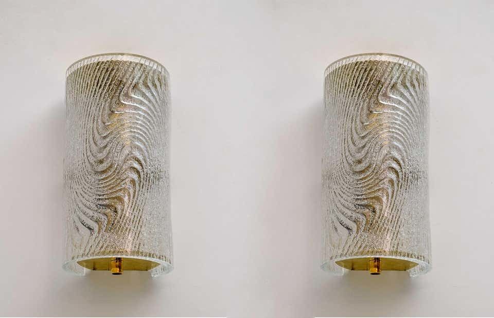 Pair Of Modern Italian Murano Glass And Brass Wall Sconces "Corteccia", 80s