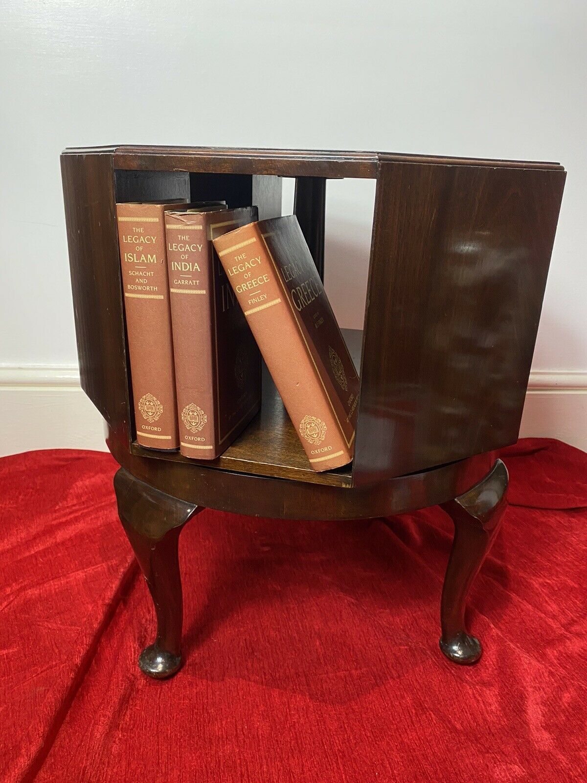 Revolving Octagonal Cherry Mahogany Bookcase On Elegant Queen Anne Legs photo vinterior