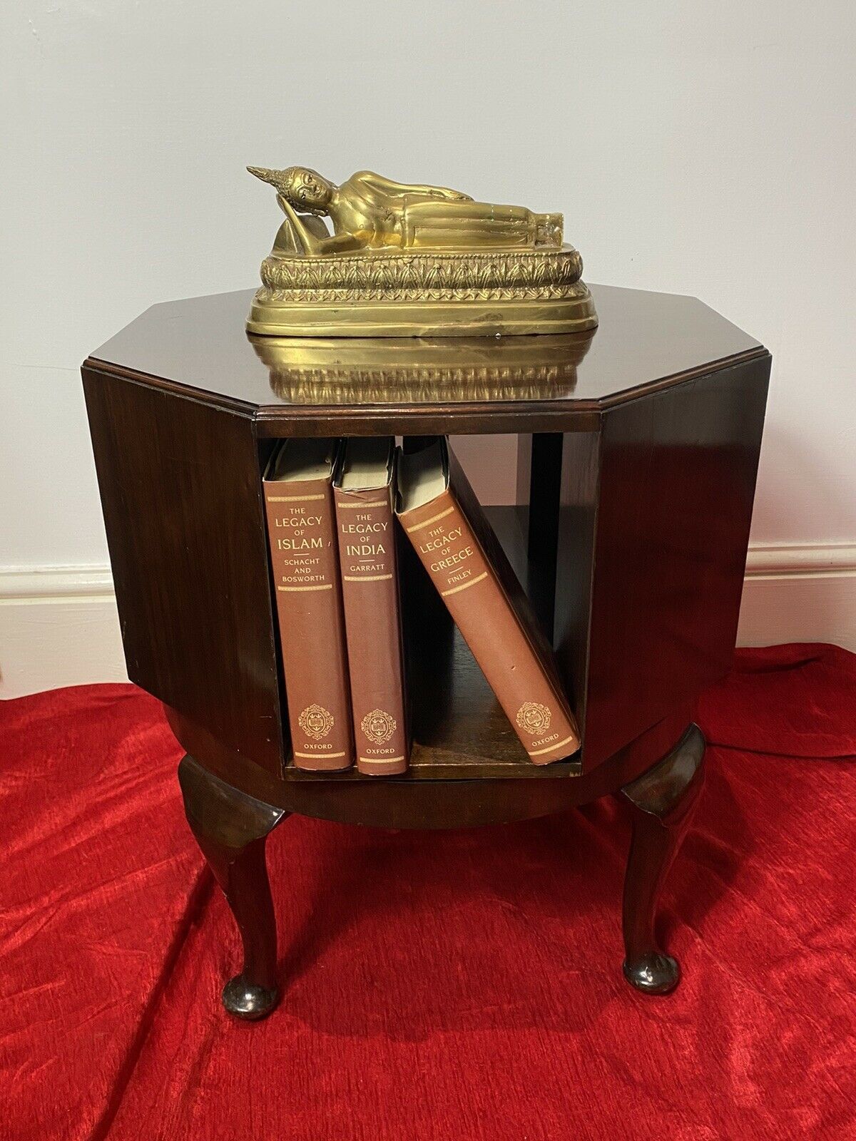 Furniture Revolving Octagonal Cherry Mahogany Bookcase On Elegant Queen Anne Legs photo