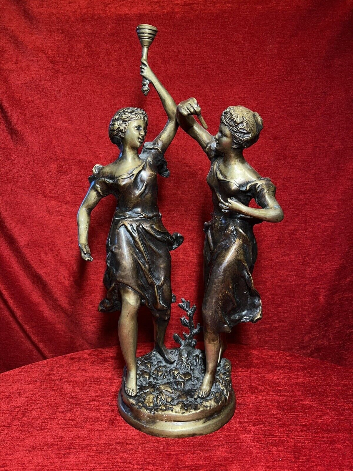 Ernest Rancoulet Bronze Sculpture Of Two Ladies Lighting Torcher Titled Olympia photo furniture