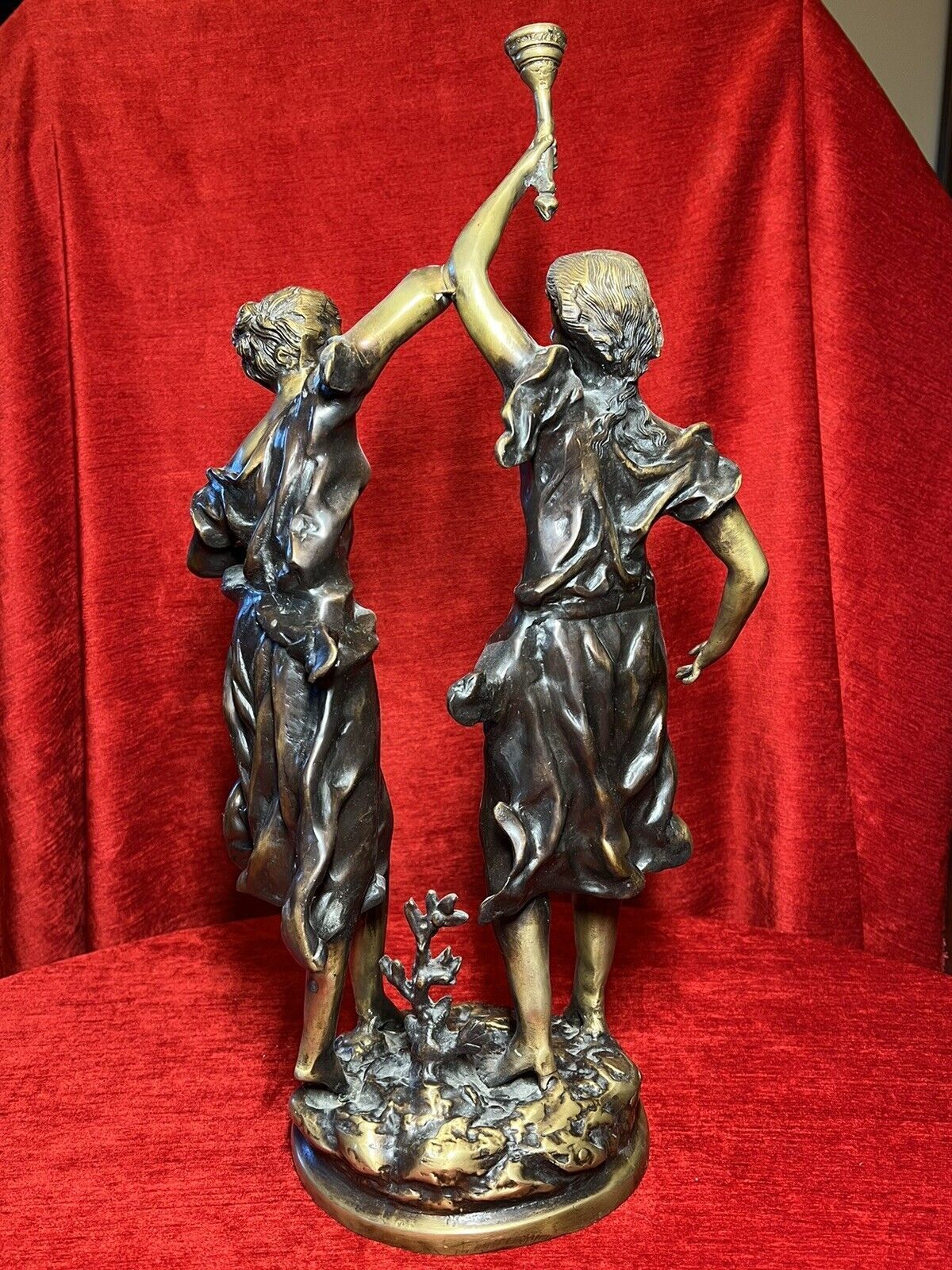 1295.0 Ernest Rancoulet Bronze Sculpture Of Two Ladies Lighting Torcher Titled Olympia photo