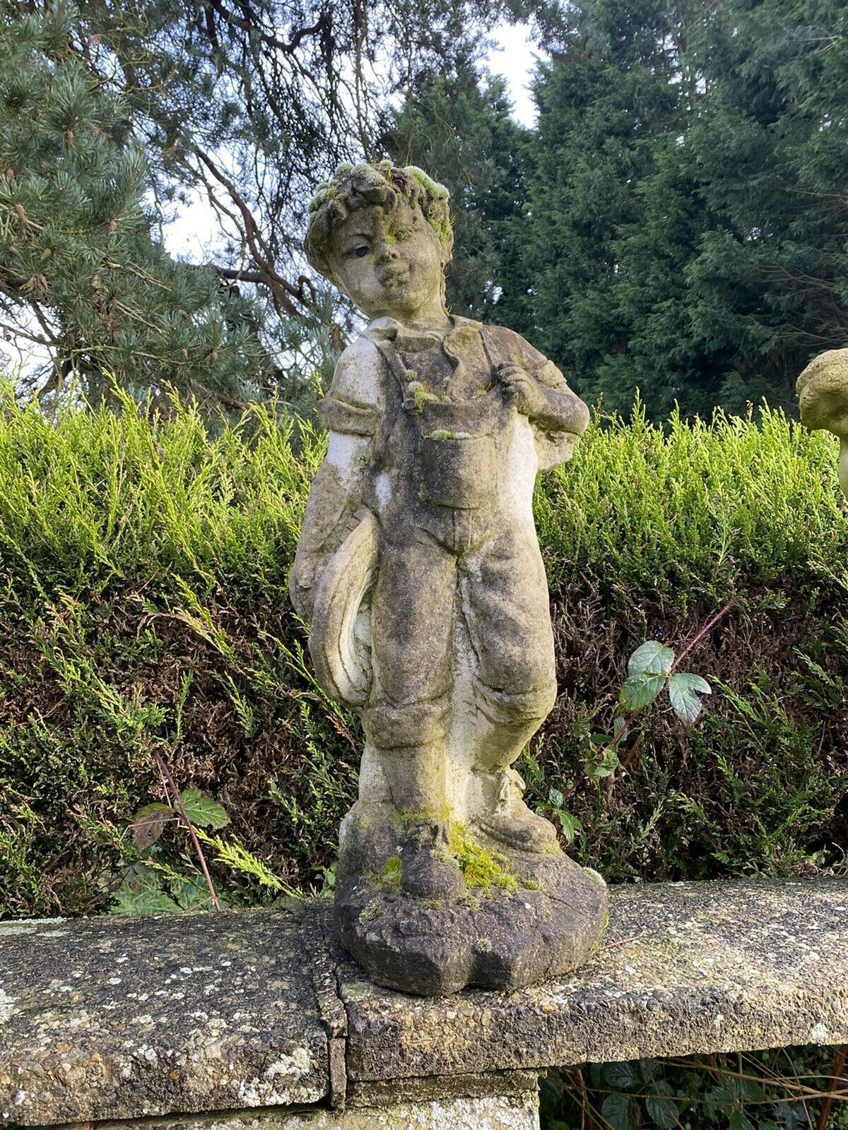 Country Estate Gardening Boy With Straw Bower Weathered Stone Garden Sculpture