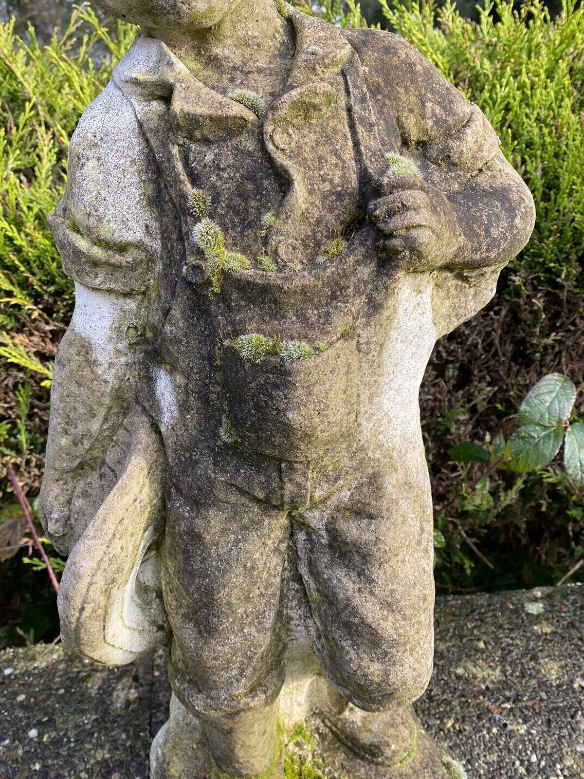 Garden Decor Country Estate Gardening Boy With Straw Bower Weathered Stone Garden Sculpture photo