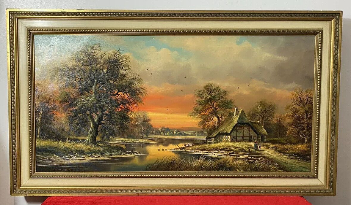 Original German Panoramic Sunset Landscape Oil Painting Artist Horst Baumgart