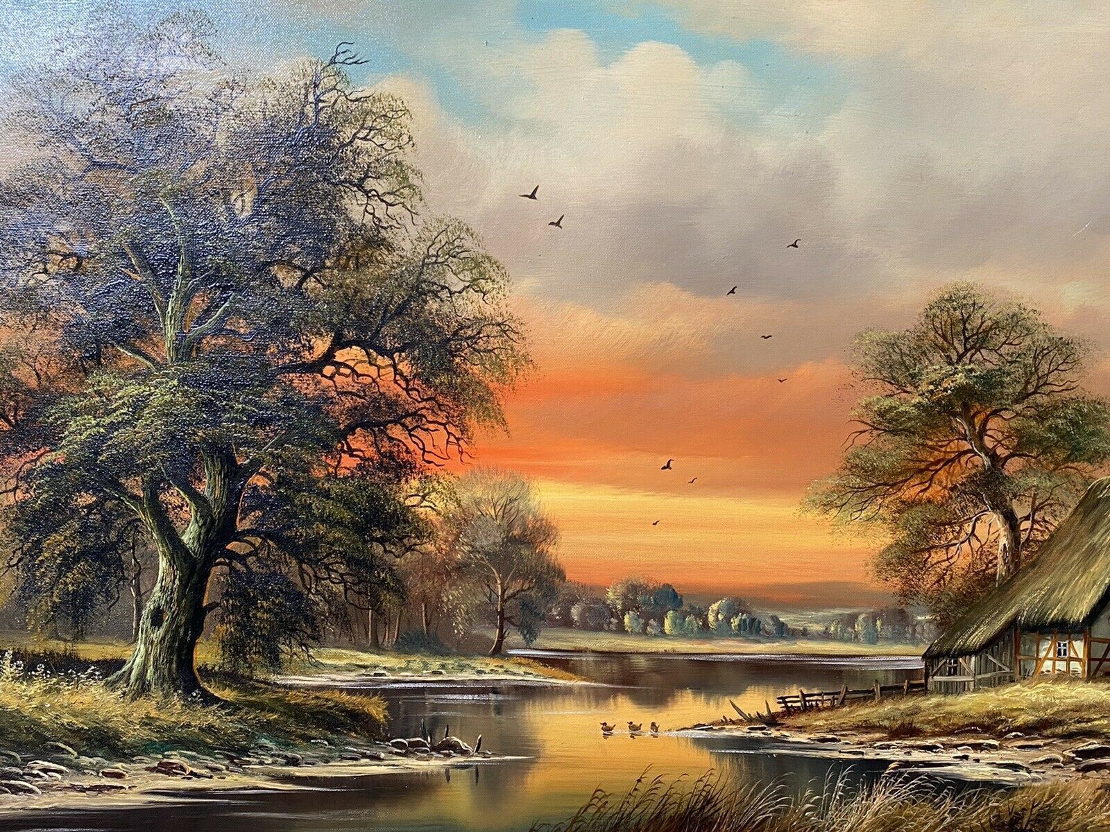 Original German Panoramic Sunset Landscape Oil Painting Artist Horst Baumgart photo vinterior