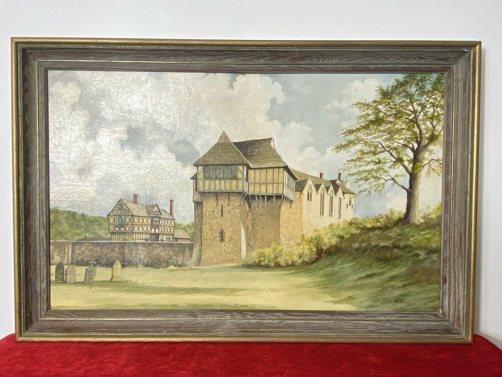 Historical 20thc Oil Painting Of Stokesay Castle Shropshire By Artist R Price