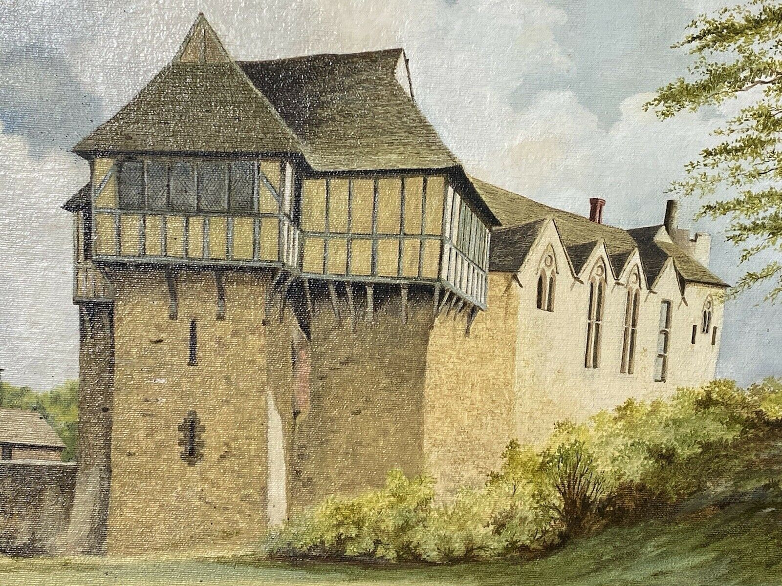 Historical 20thc Oil Painting Of Stokesay Castle Shropshire By Artist R Price photo vinterior