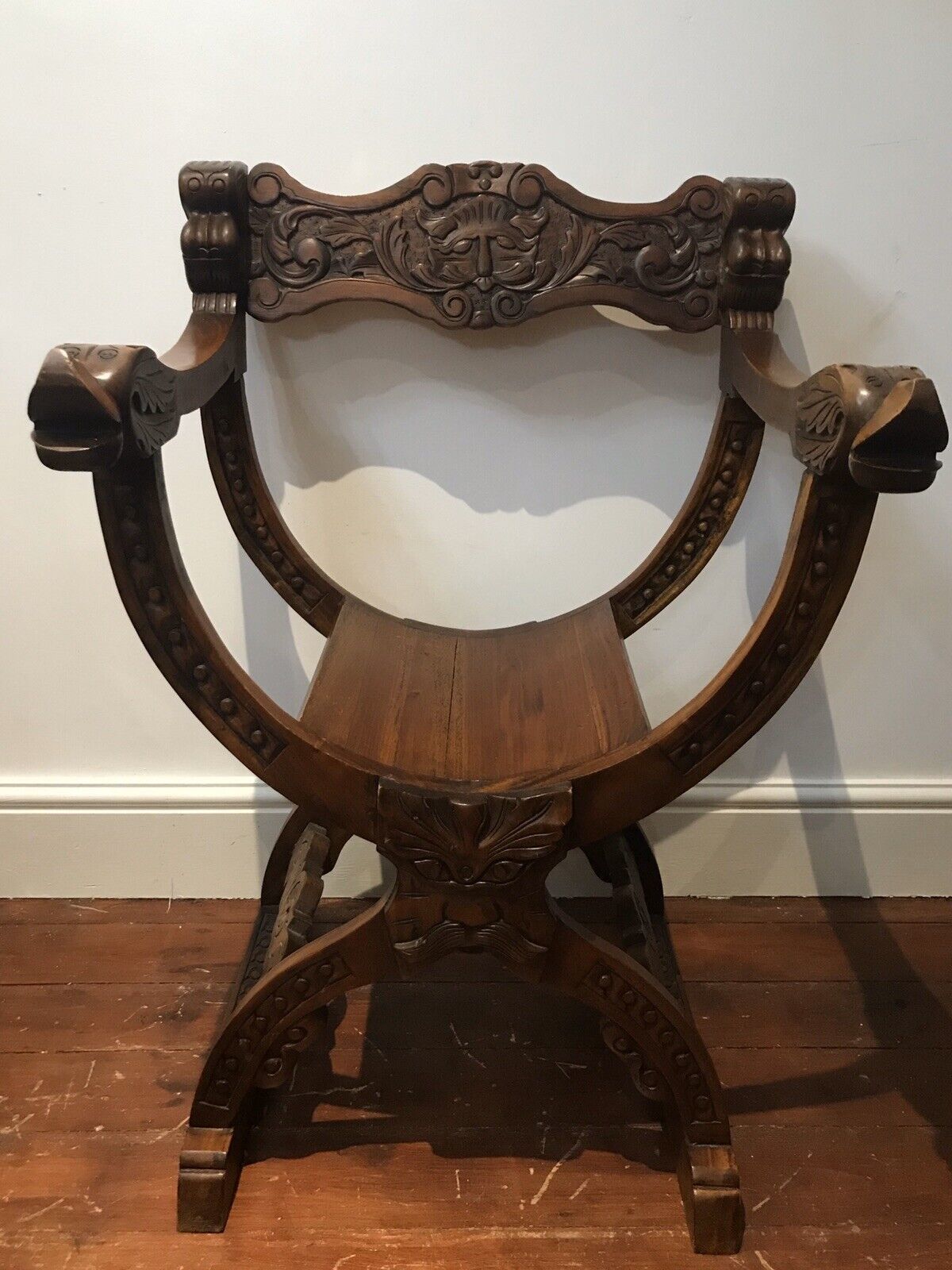 Carved Red Walnut X Frame Green Man Great Hall Chair photo furniture