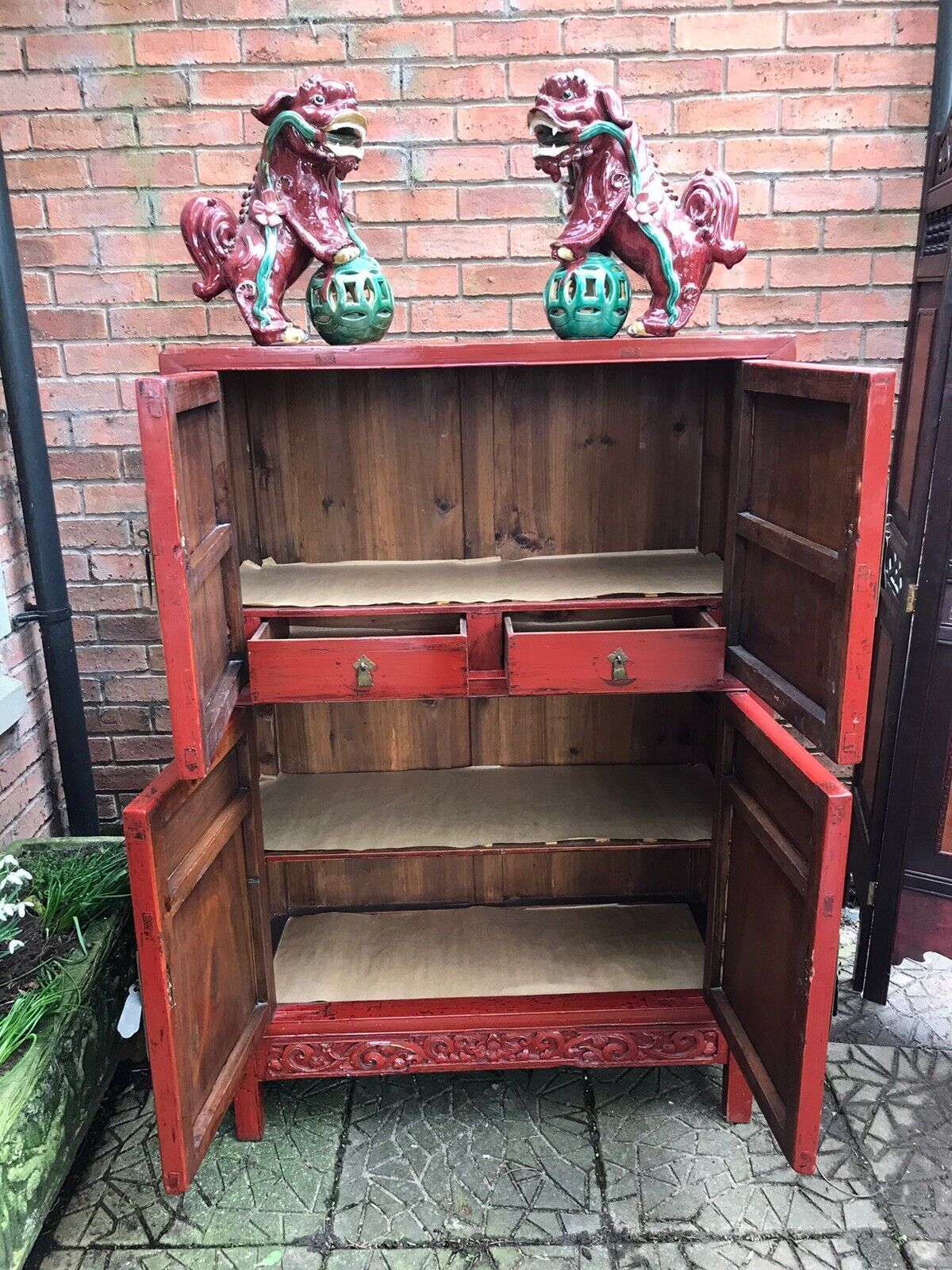 Rare Imperial Red Lacquer & Gilt Marriage Cabinet With Hand Carved Panels photo 2475.0
