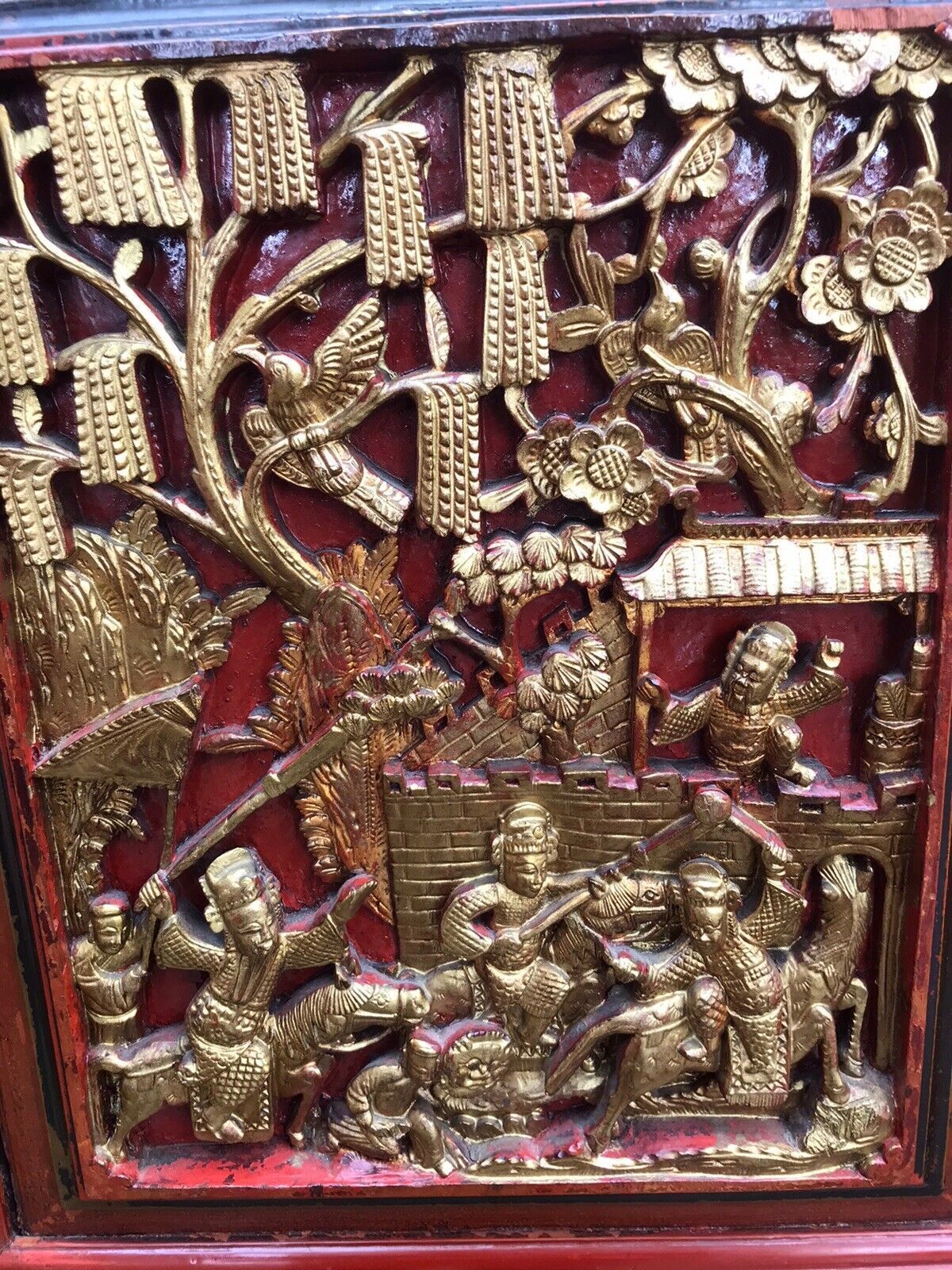Rare Imperial Red Lacquer & Gilt Marriage Cabinet With Hand Carved Panels photo buy