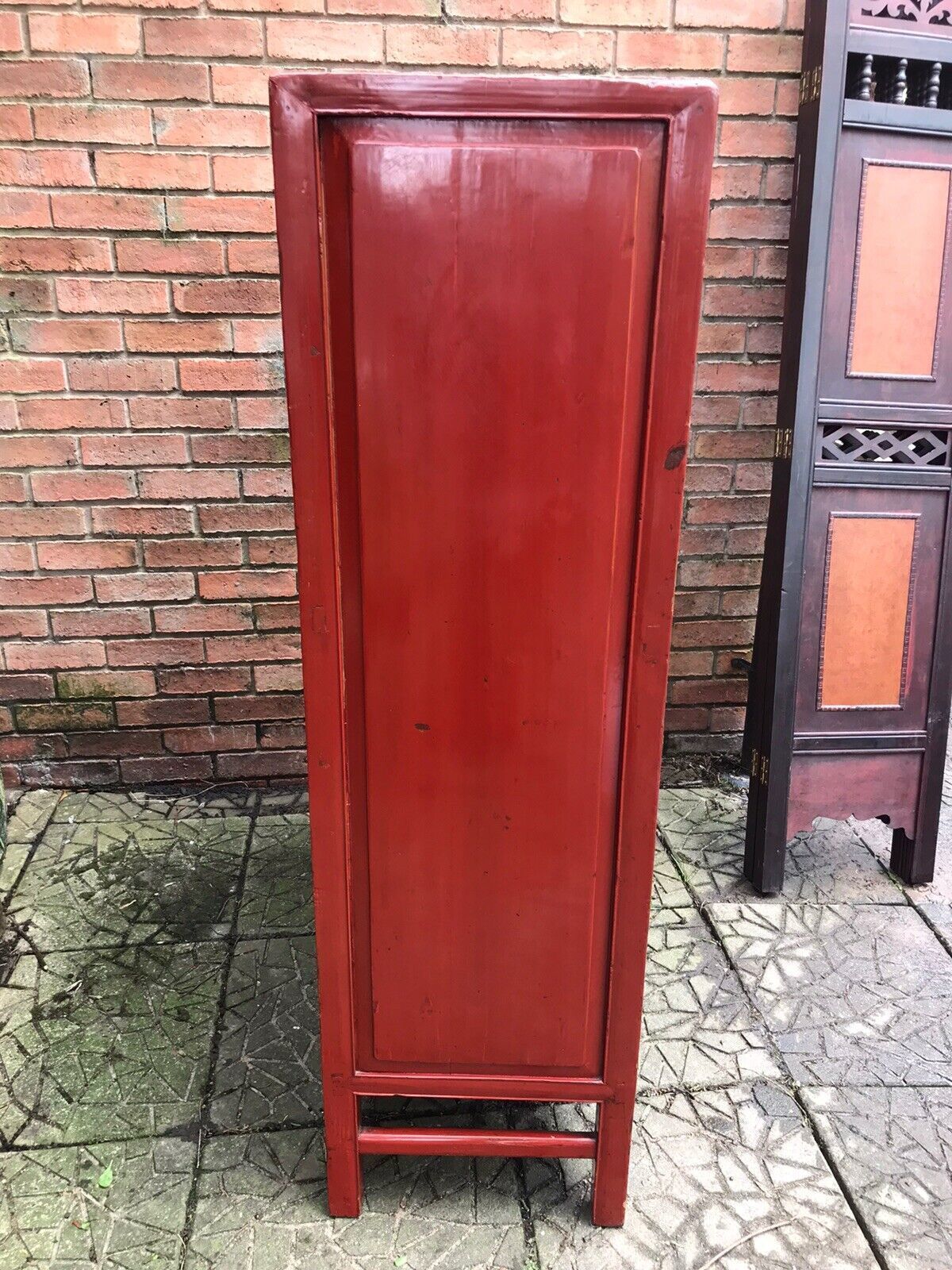 Furniture Rare Imperial Red Lacquer & Gilt Marriage Cabinet With Hand Carved Panels photo