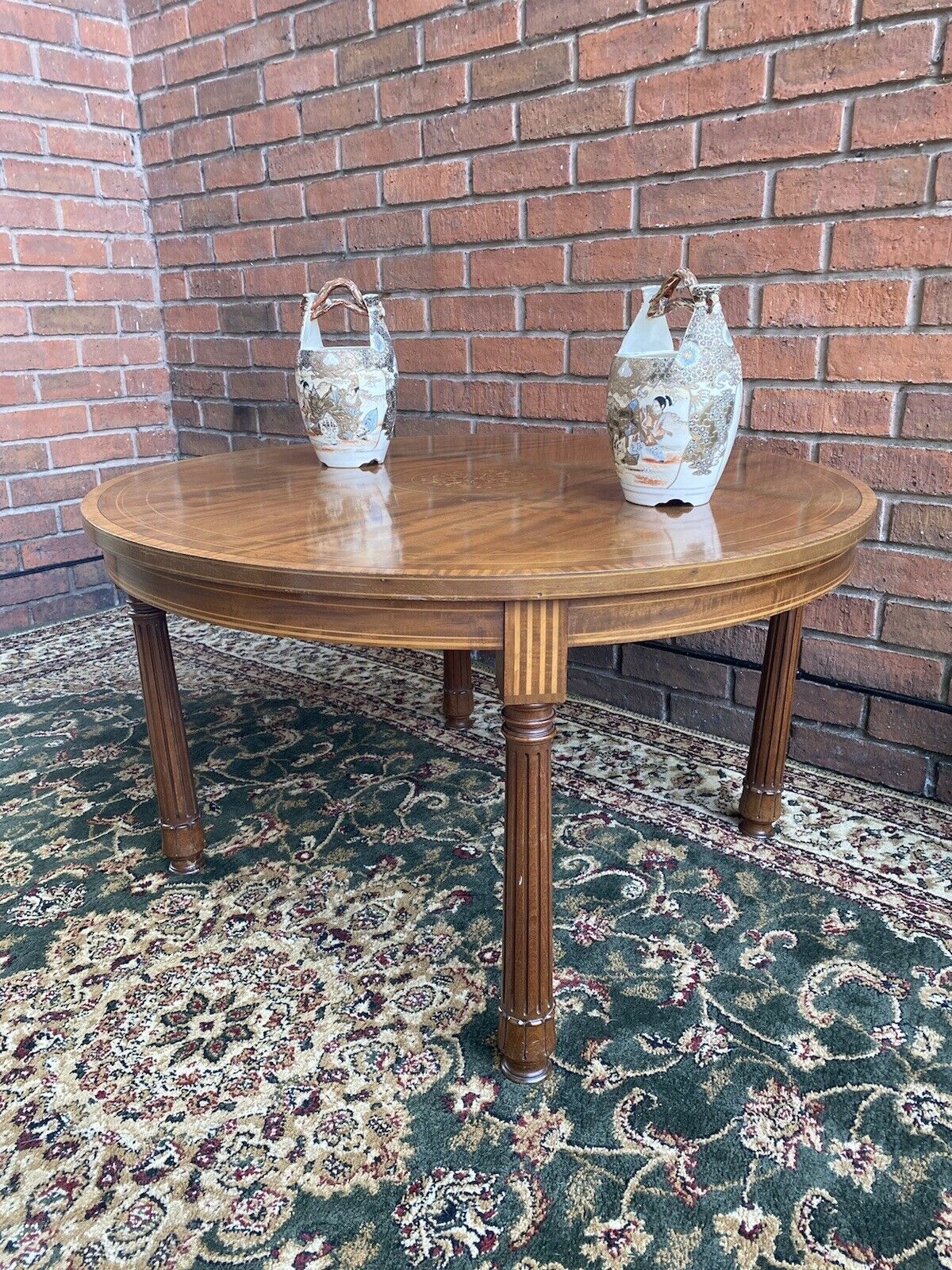 French Red Walnut Period Louis XVI Style Marquetry Inlaid Pillared Centre Table
