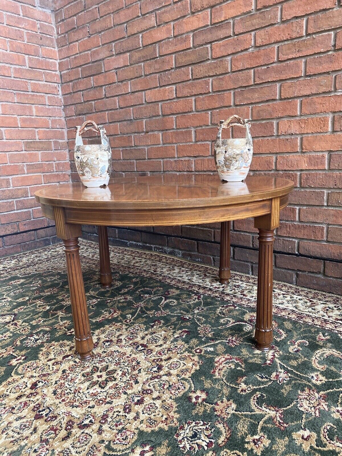 French Red Walnut Period Louis XVI Style Marquetry Inlaid Pillared Centre Table photo furniture
