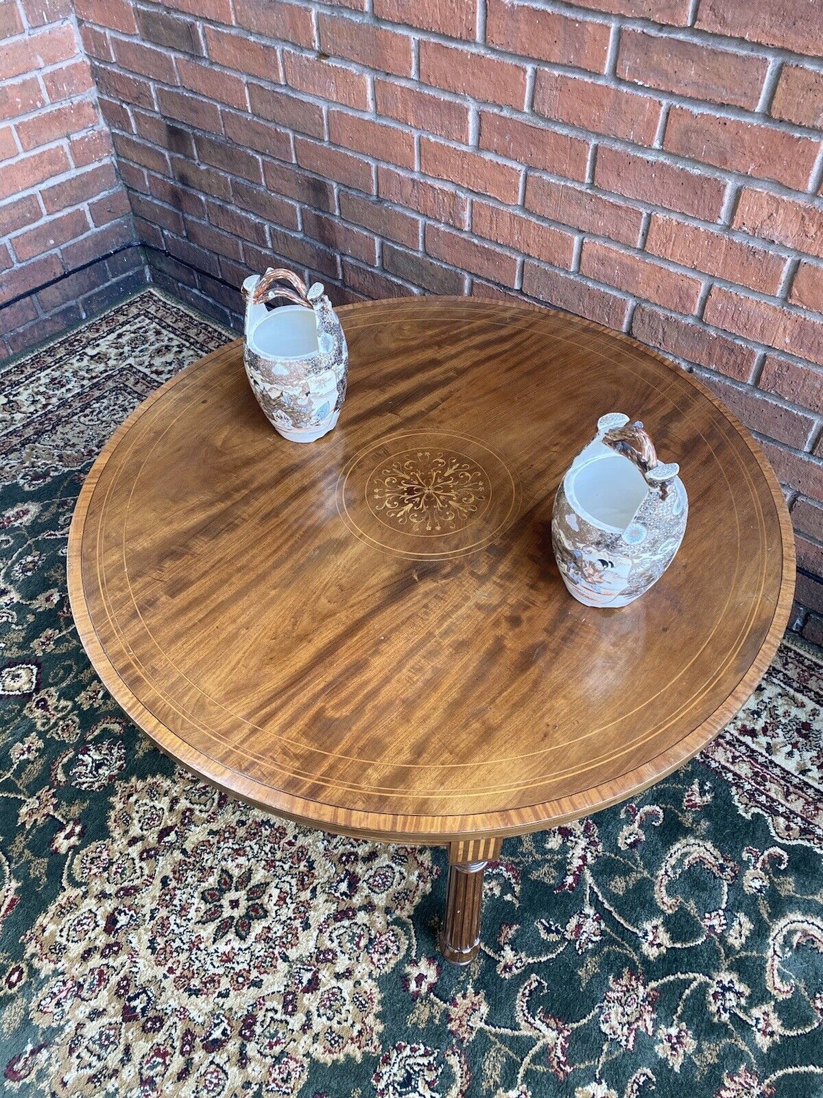 Furniture French Red Walnut Period Louis XVI Style Marquetry Inlaid Pillared Centre Table photo