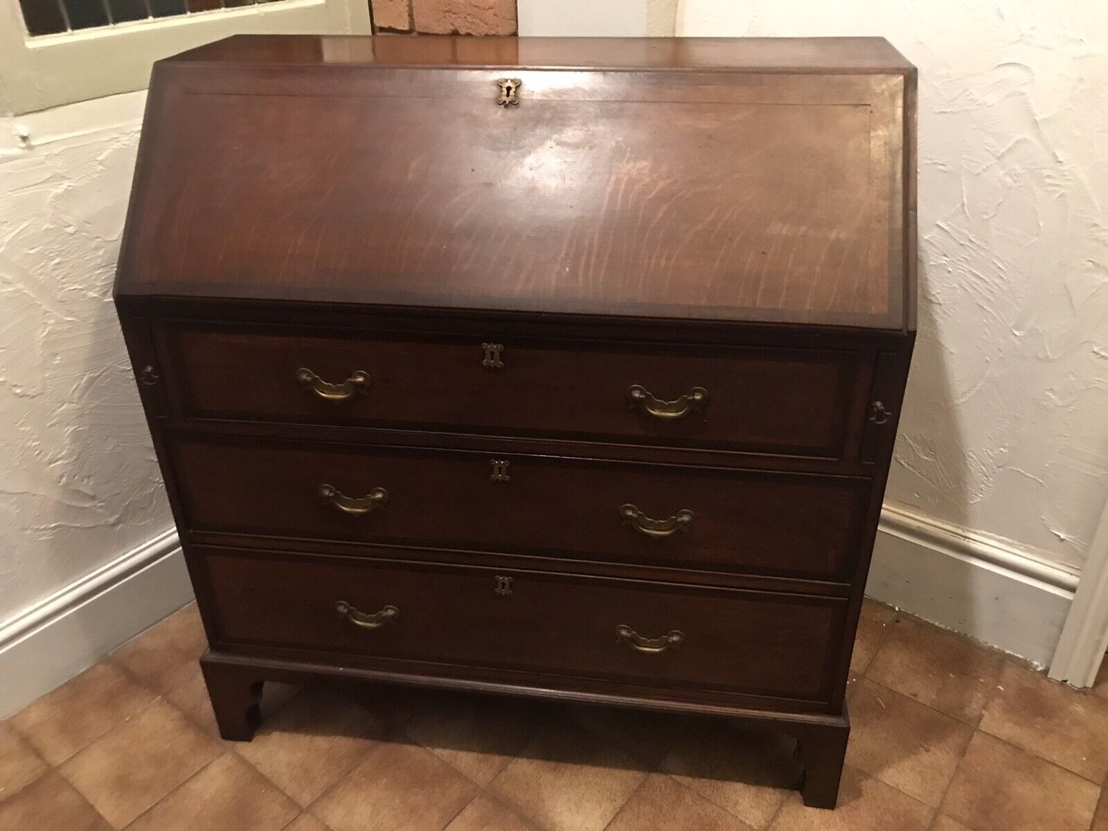 Period Antique 18th Century Solid Oak & Mahogany Cross Banded Writing Bureaux photo for sale