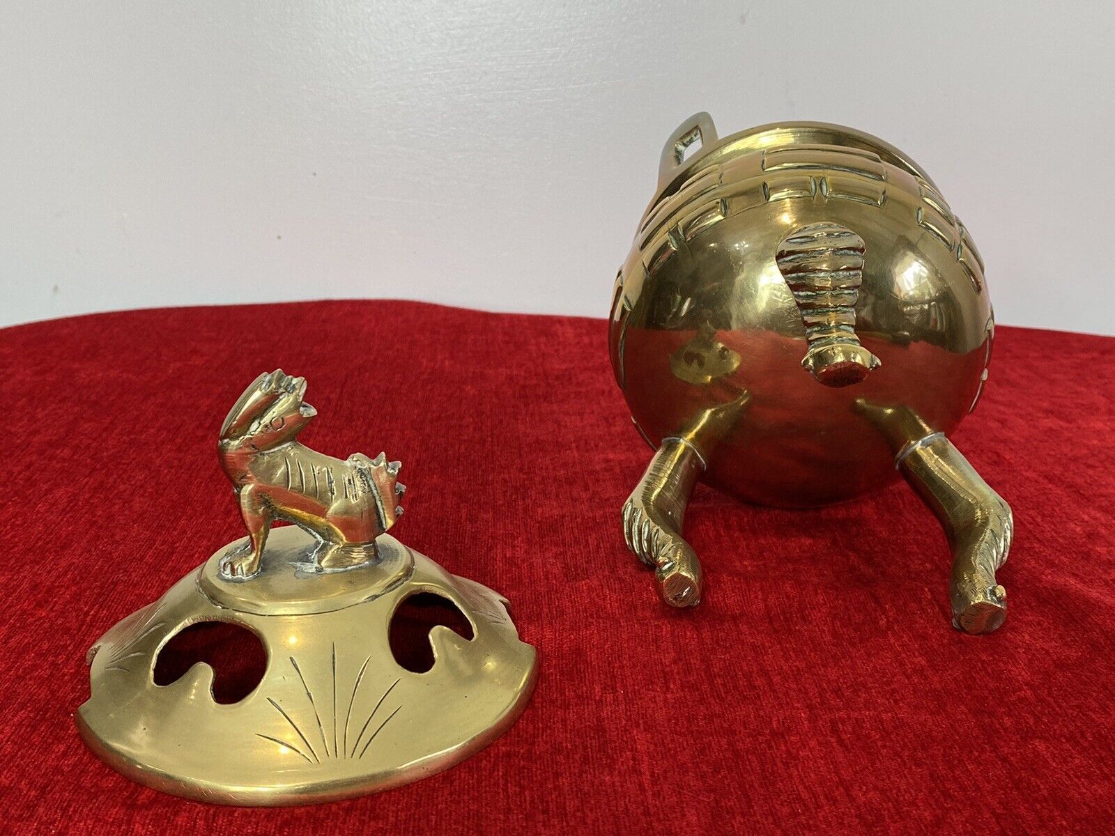 Chinese Qing Style 19th Century Brass Bulbous Incense Burner With Foo Dog Lid photo Home Decor
