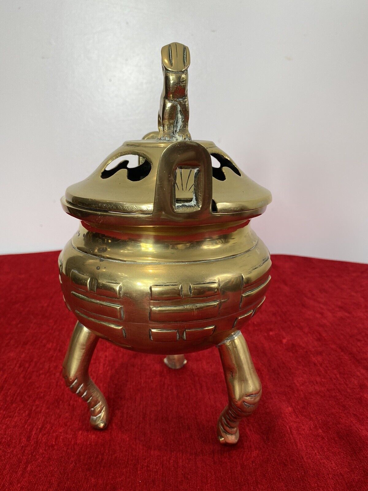 Chinese Qing Style 19th Century Brass Bulbous Incense Burner With Foo Dog Lid photo vinterior