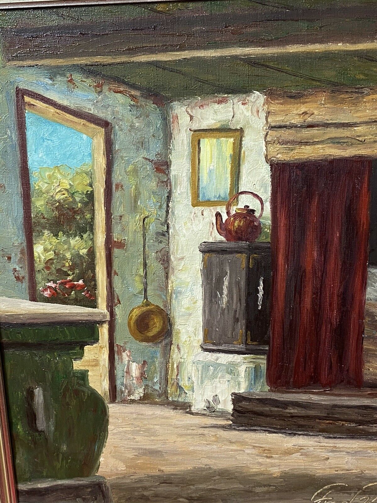 Idyllic Cottage Interior Scene Oil Painting By Artist G Lund photo vintage