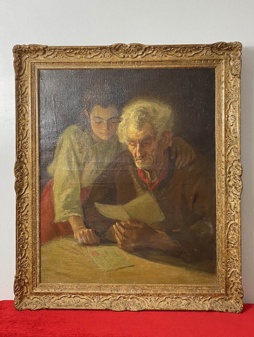 Double Portrait Of Grandfather & Grand Daughter Reading By A L Simpson photo furniture