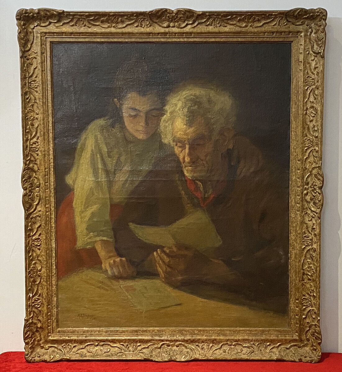 Double Portrait Of Grandfather & Grand Daughter Reading By A L Simpson photo Art