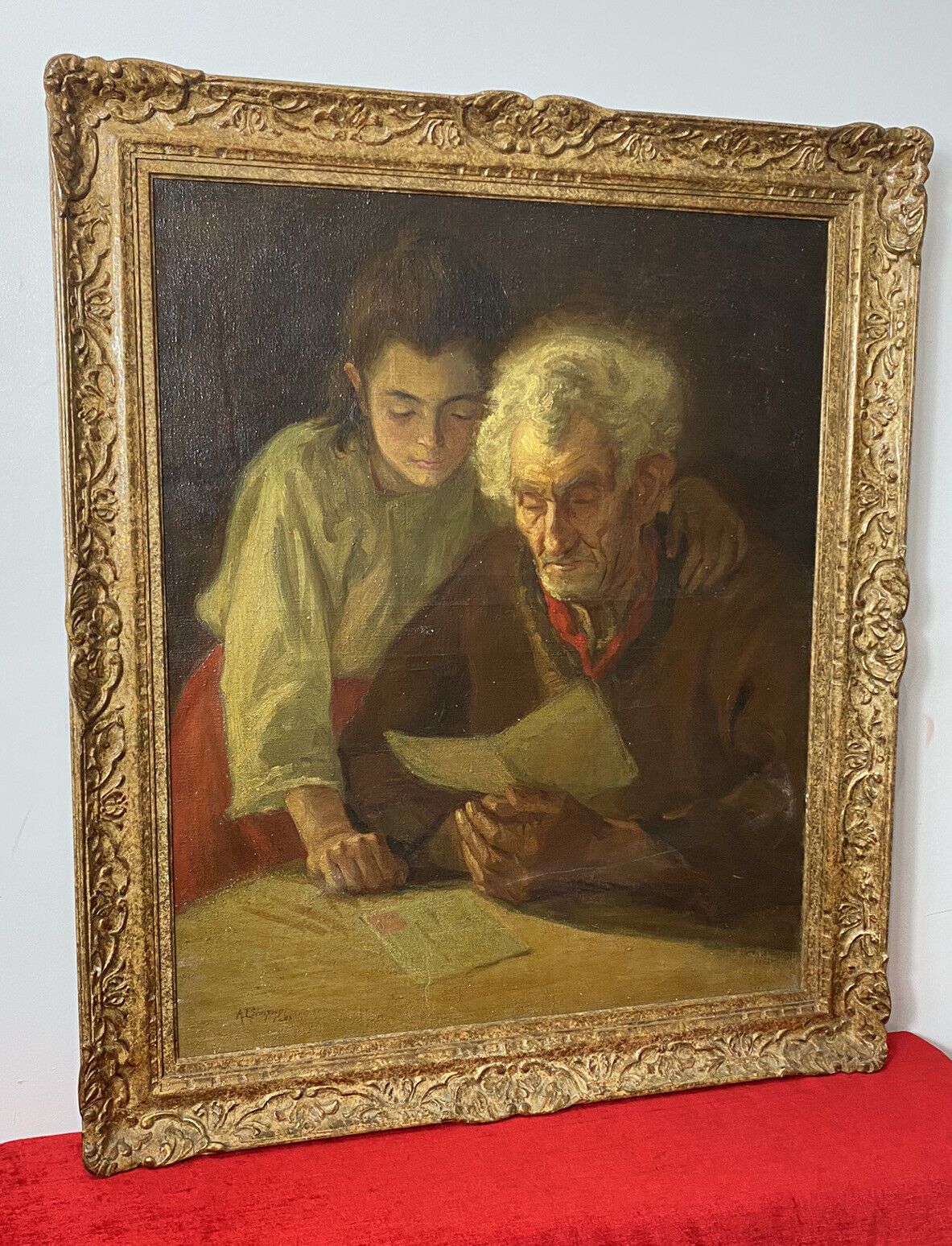 Double Portrait Of Grandfather & Grand Daughter Reading By A L Simpson photo vinterior