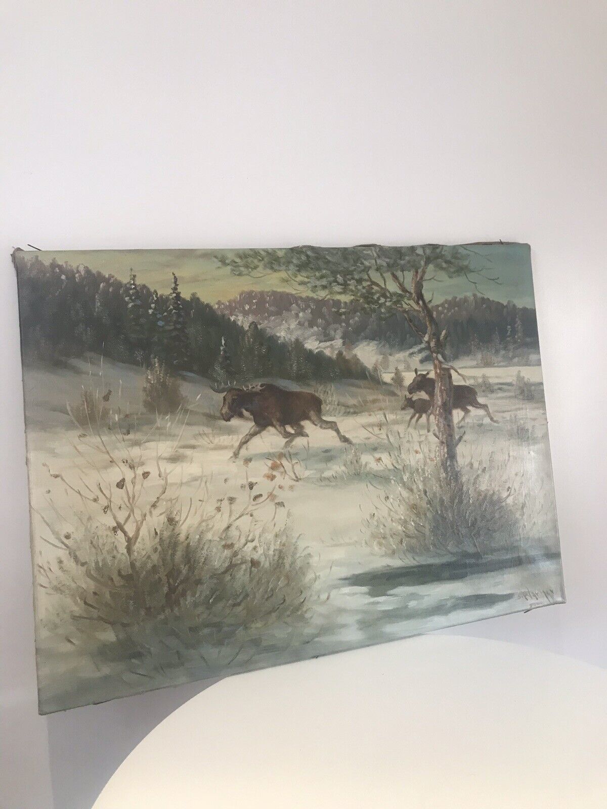 photo furniture Stags In Snow Scene Original Oil Painting Signed By Artist S Warner
